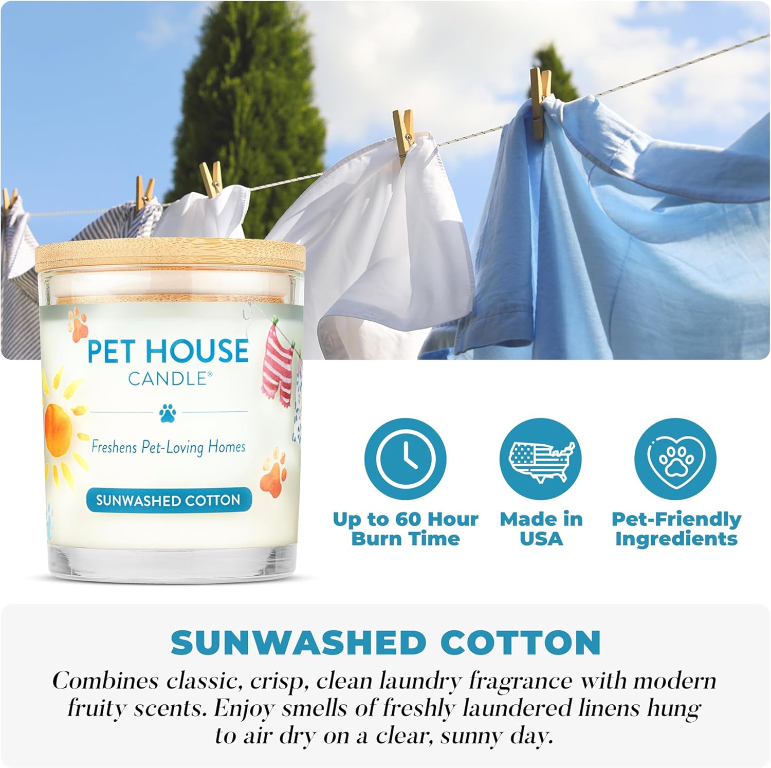 One Fur All Pet House Candle 2 Pack - Plant-Based/Soy - Clean Burning Scented, Long Lasting Pet Odor Candle for Home - Sunwashed Cotton