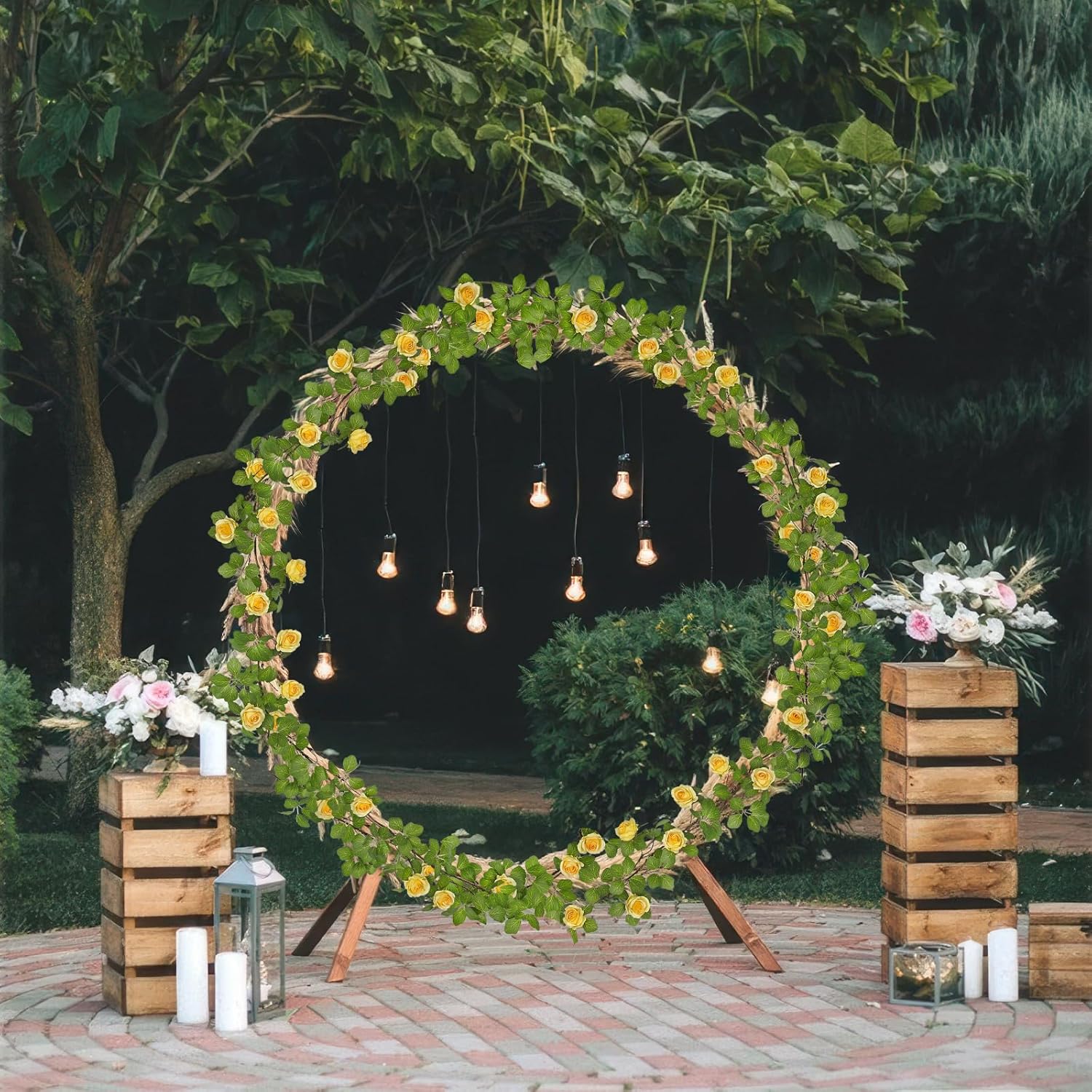 Artificial Roses Vines Flowers Garland Hanging Silk Rose Vine Floral Garland Yellow UV Resistant Realistic Faux Hanging Flowers Plants Fake Ivy Vines for Outdoor Porch Outside Decor Patio Yard