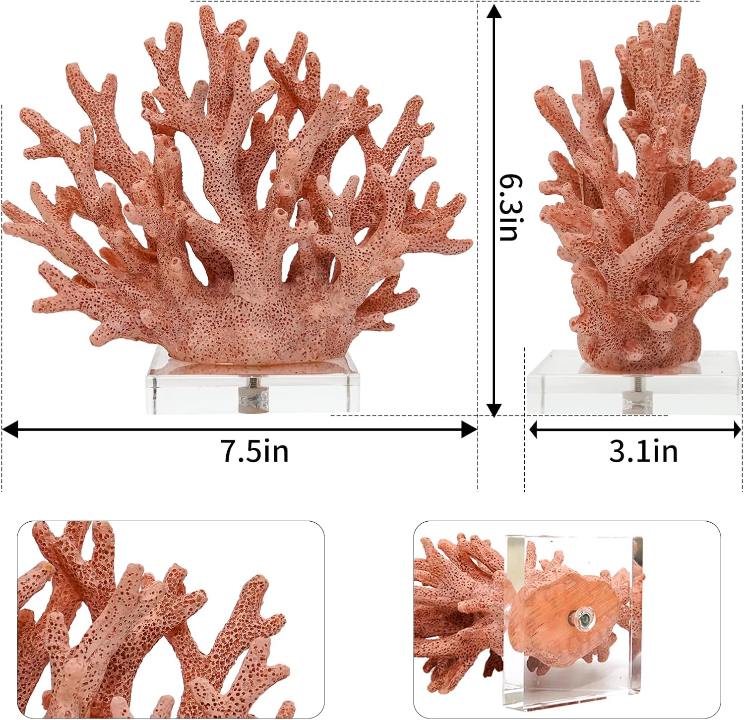 Coral Coastal Decor, Artificial Resin Coral Reef Statue, Coastal Room Decor Beach Decorations for Home Bathroom Bedroom,Ocean Themed Decor for Office,Aquarium,7.5''Lx6.3''H, RB1001P, Pink