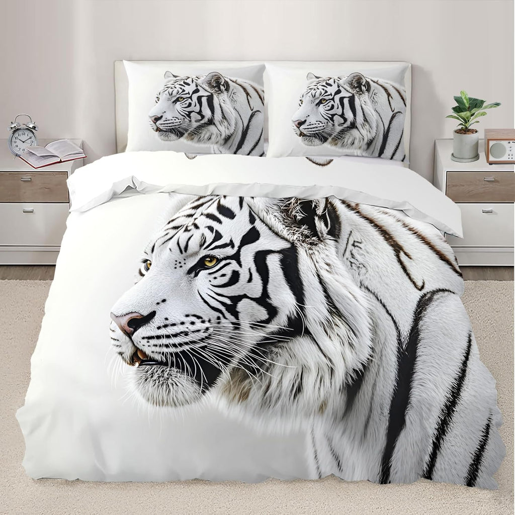 White Tiger Duvet Cover Full Size, Wild Nature Predator Tiger Bedding Set 3 Piece Bedroom Decor Black White Comforter Cover with Zipper Ties & 2 Pillowcases