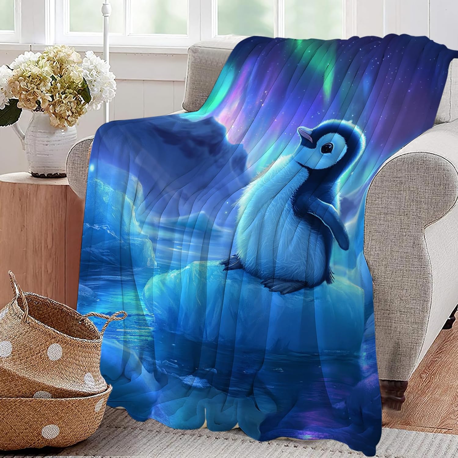 Cute Penguin Blanket Aurora Starry Night Animal Throw Blankets Gifts for Girls Boys Kids Penguin Lover Soft Cozy Fleece Plush for Couch Sofa Bed 60"x50"