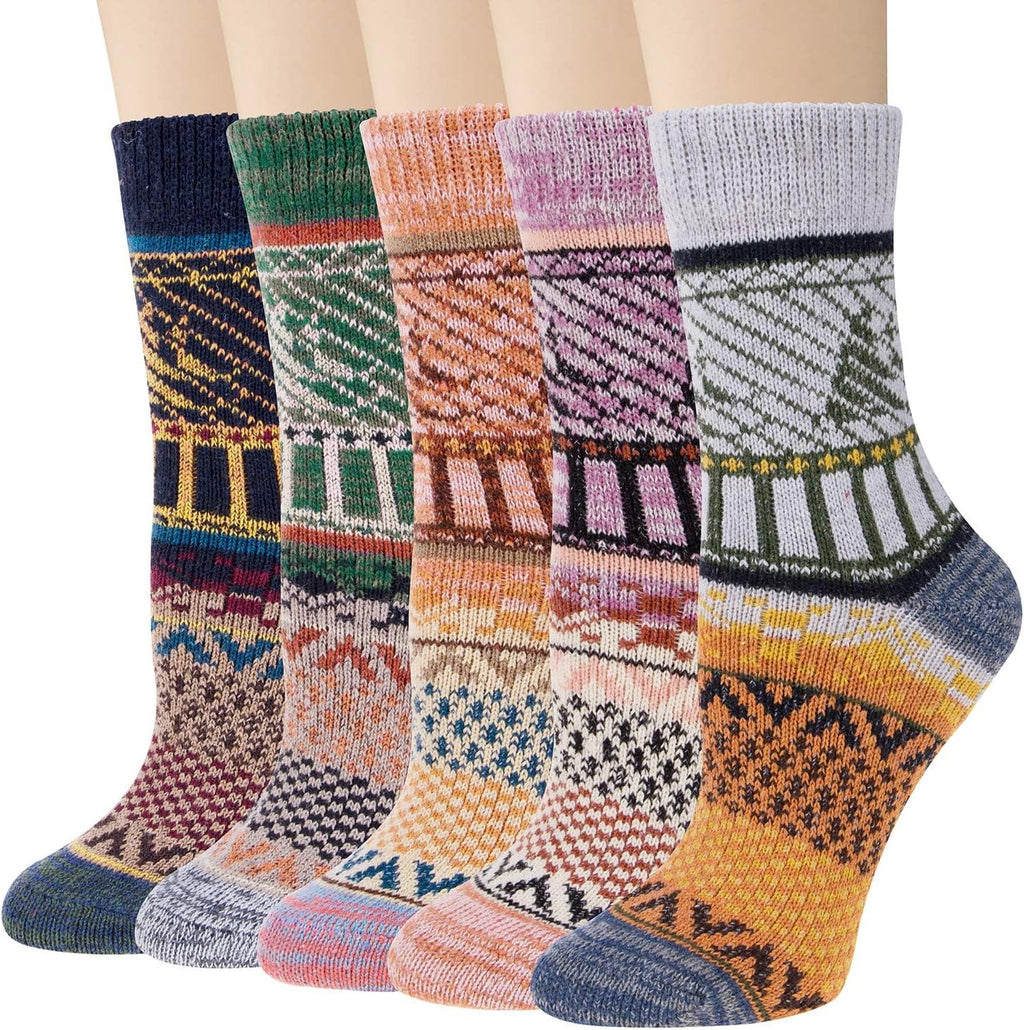 Justay 5 Pairs Wool Socks for Women - Winter Thick Boot Cozy Crew Vintage Soft Calf Knit Warm Socks Gifts