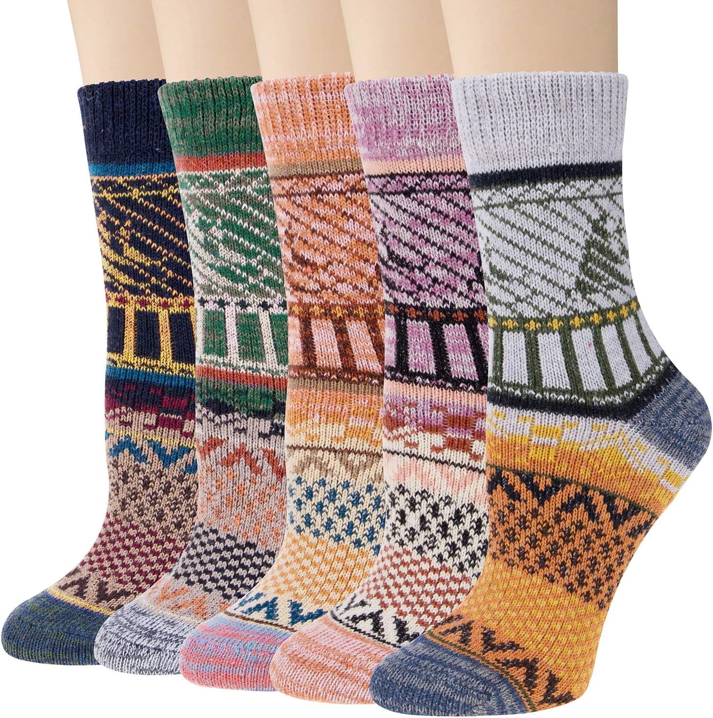 Justay 5 Pairs Wool Socks for Women - Winter Thick Boot Cozy Crew Vintage Soft Calf Knit Warm Socks Gifts