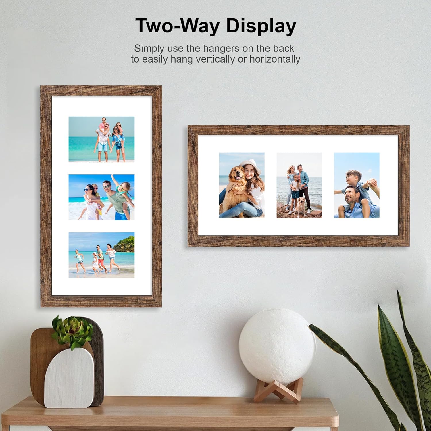 10x20 Picture Frame Set of 2, Rustic Brown Wood Frame with Real Glass Collage Frame, Display Pictures Three 5x7 With Mat or 10 x 20 Without Mat - Horizontal or Vertical Wall Mounting