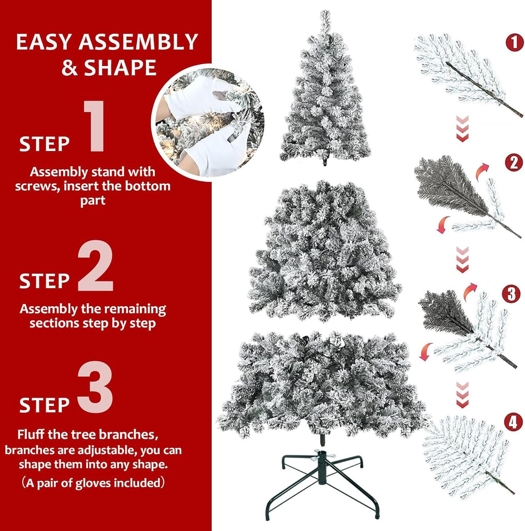 5FT Pre-Lit Flocked Christmas Tree with 150 Warm White Lights, Full White Christmas Tree with Premium PVC Branches,Realistic Snowy Look, Indoor Fake Snow Xmas Tree for Home Office Shops
