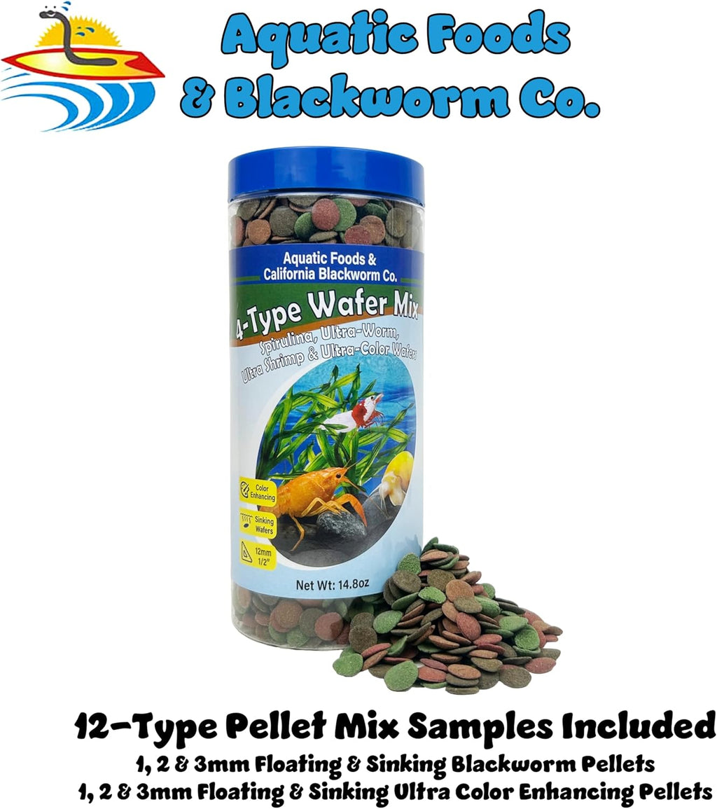 Aquatic Foods Inc. 4-Type 12mm - 1/2" Sinking Wafer Mix of Spirulina-Algae, Ultra-Worm, Shrimp, Color Enhancing for Shrimp, Snails, Crayfish, Bottom Fish, 12-Type Pellets Included...1-lb 6oz Canister