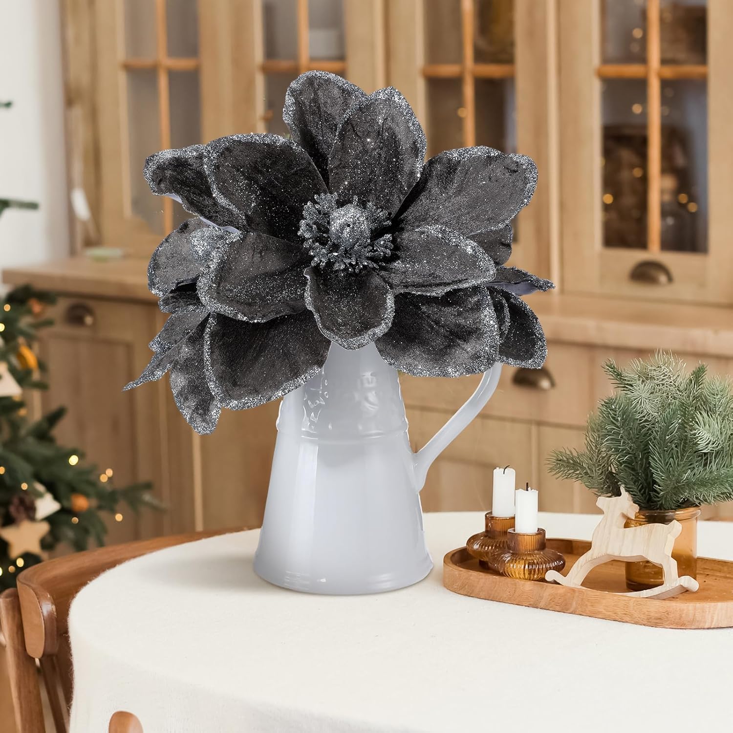 8 Pcs Large Christmas Flower Magnolia Flowers Christmas Tree Decoration Artificial Poinsettia Stems Velvet Xmas Ornaments for Xmas Tree Table Decor(Gery,12 Inch)