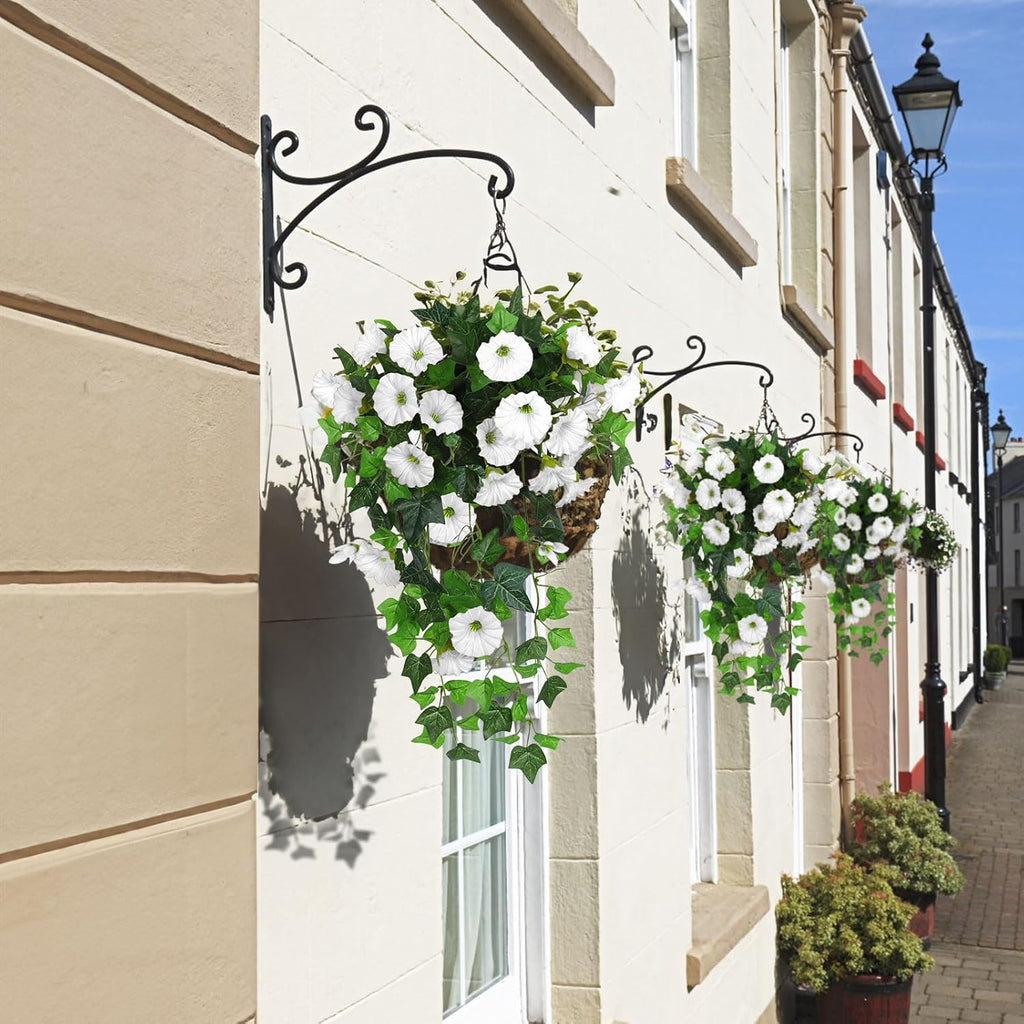 RECUTMS Artificial Fake Hanging Flowers Plants for Outdoor Decoration, 2 Pcs UV Resistant Faux Petunias Trailing Plants Realistic Flower Look Real for Door Wall Yard Porch Garden Planter (White)