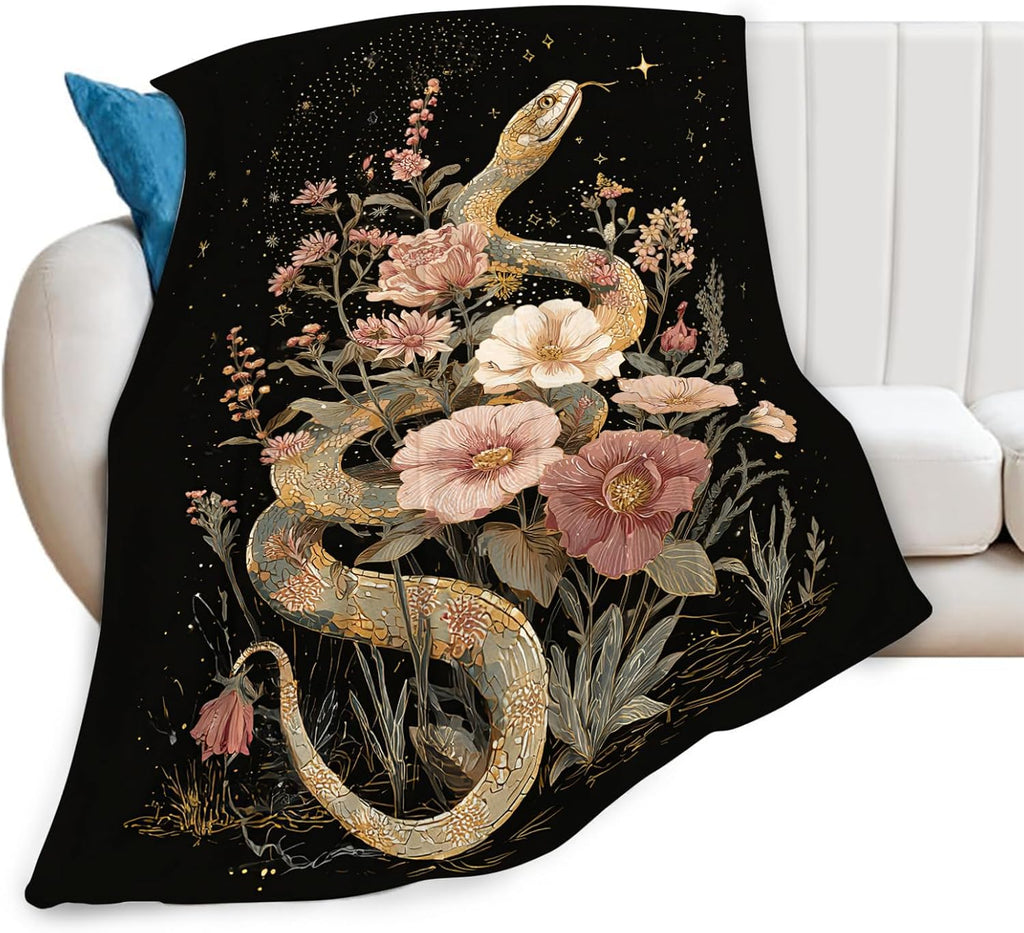 Golden Snake Blanket Fantasy Floral Reptiles Throw Blankets Gifts for Girls Boys Kids Snake Lover Soft Cozy Fleece Plush for Couch Sofa Bed 50"x40"
