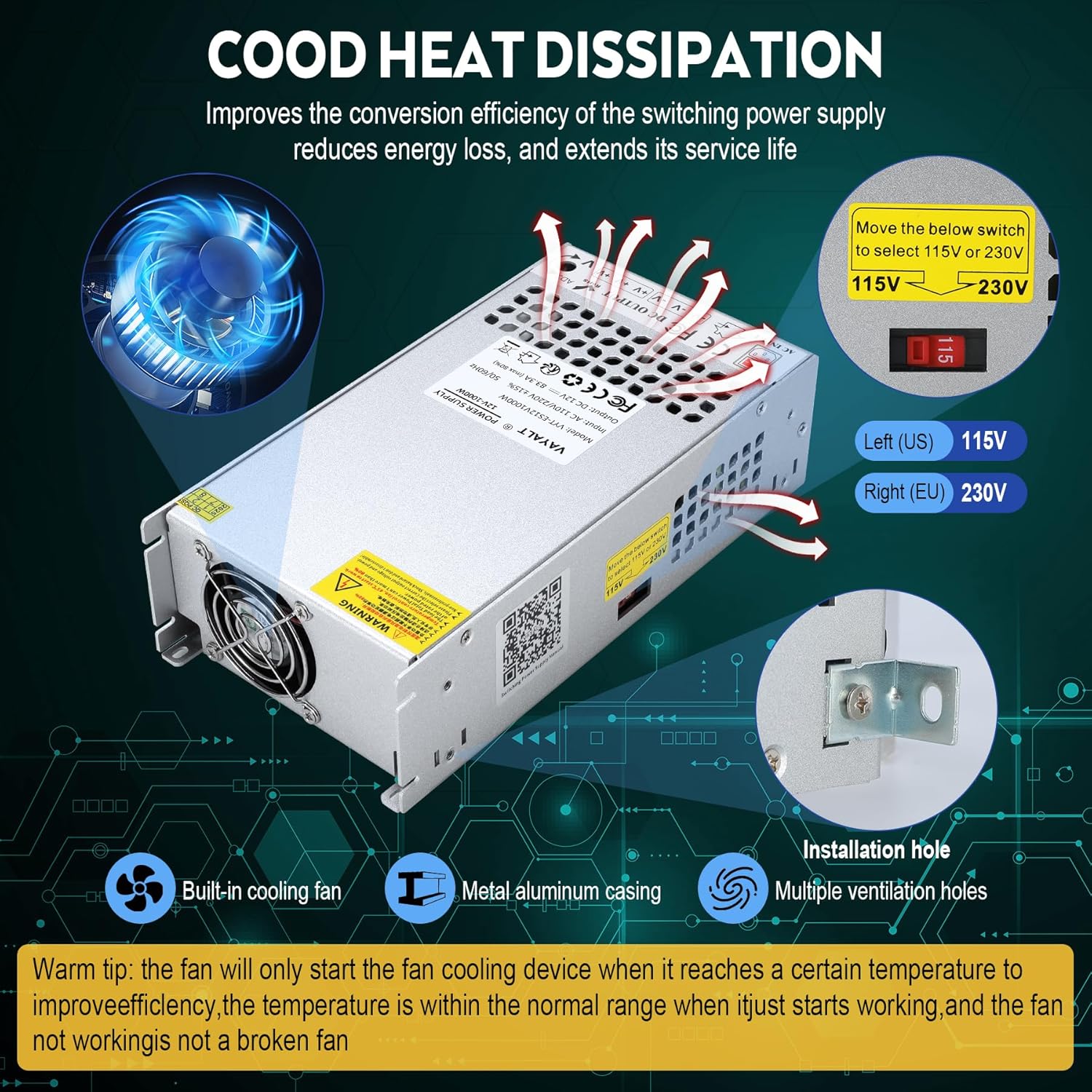 VAYALT 12V 83.3A 1000W DC Switching Power Supply, Universal Regulated Switching AC 110V/220V to DC 12V Transformer, 12V Power Suply for Industrial, Computer Project(No Power Cord)