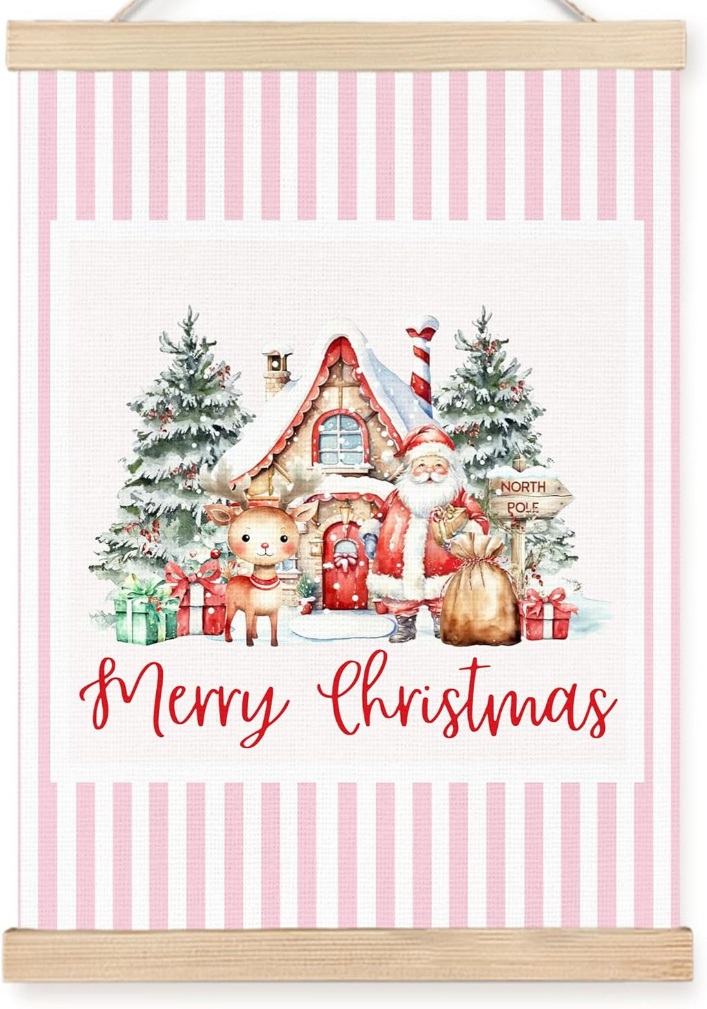 FDHSPAAM Cute Pink Christmas Santa Reindeer Wall Art Decor, Kids Christmas Decor, Winter Cottage Pink Striped Wall Art Posters for Home Bedroom Living Room, 12x16 Inch
