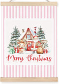 FDHSPAAM Cute Pink Christmas Santa Reindeer Wall Art Decor, Kids Christmas Decor, Winter Cottage Pink Striped Wall Art Posters for Home Bedroom Living Room, 12x16 Inch