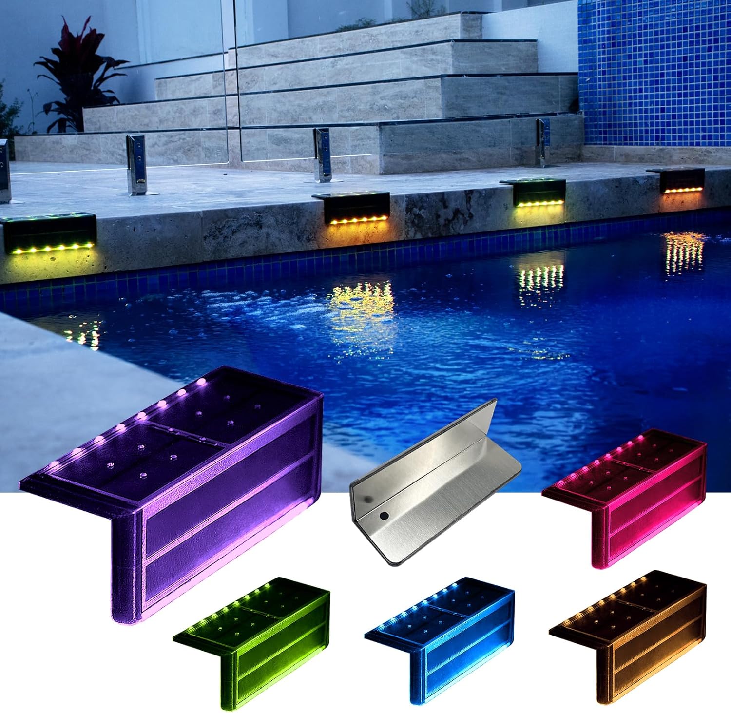 Solar Pool Lights, Color Changing Waterproof Step Lights for Outside, Heavy Duty Stainless-Steel Retaining Wall Light, Ultra-Thin & Anti-Trip 2-Way LEDs for Deck, Stairs, (RGB-W, 6Pack)