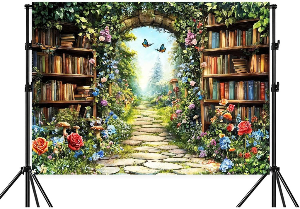 10X8ft Fairy Forest Wonderland Photography Backdrop Enchanted Library Garden Path with Floral Plants Butterflies Nature Magic Photo Studio Props for Birthday Baby Shower Party Decor