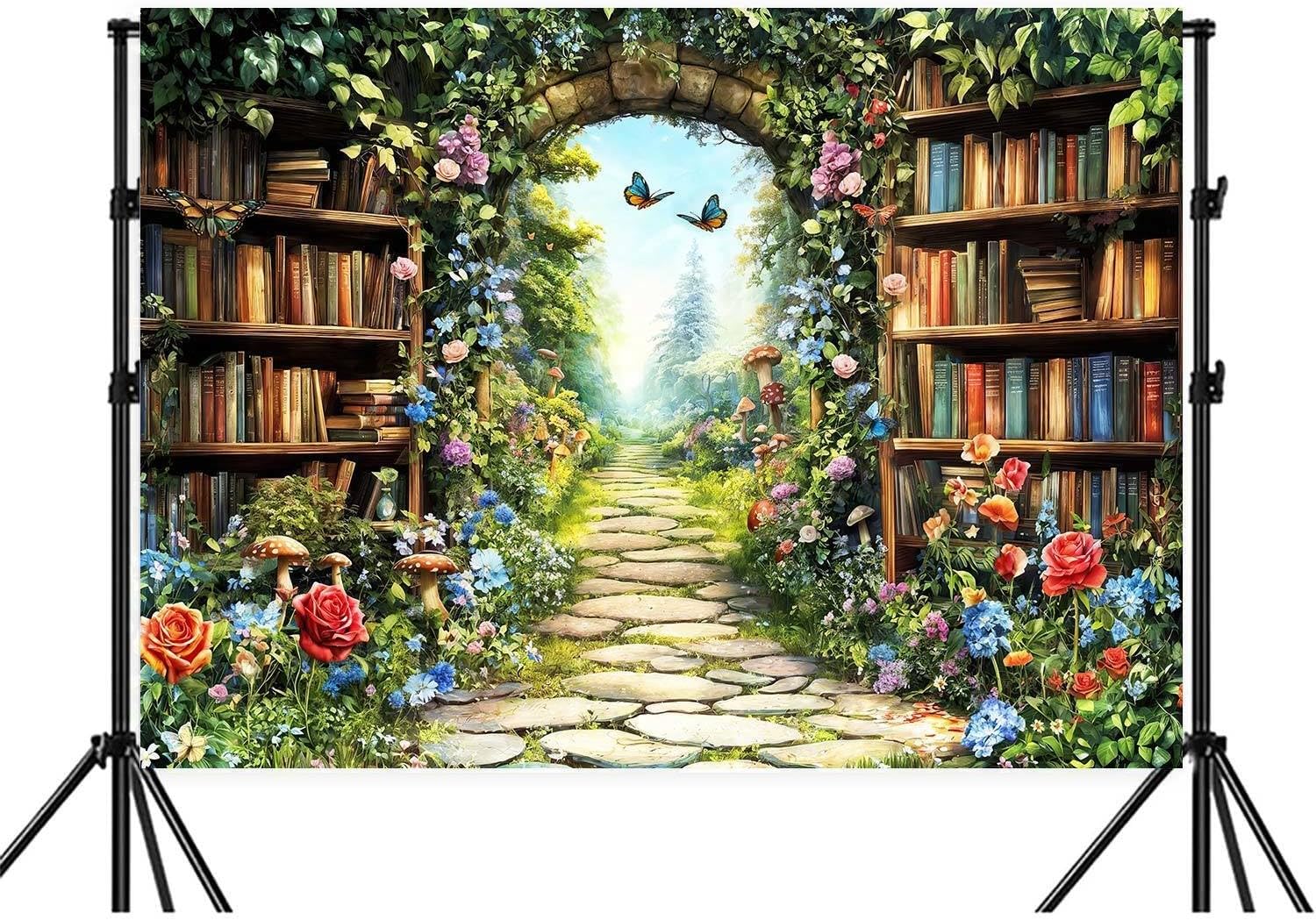 10X8ft Fairy Forest Wonderland Photography Backdrop Enchanted Library Garden Path with Floral Plants Butterflies Nature Magic Photo Studio Props for Birthday Baby Shower Party Decor
