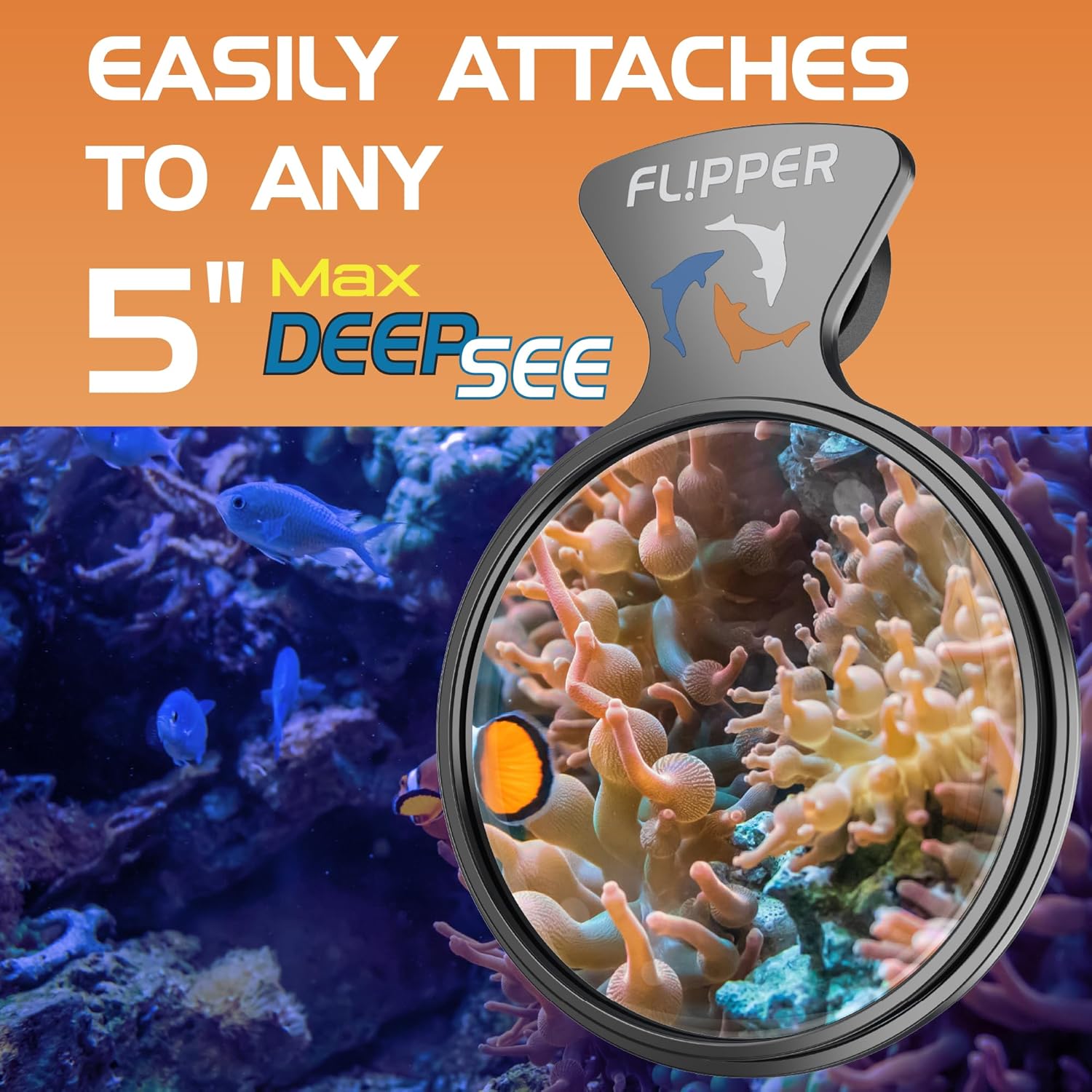 Flipper DeepSee Viewer Orange Magnifying Glass Lens Attachment for Flipper Deepsee MAX 5" Magnetic Aquarium Glass Magnifier - Ideal for Full Color Coral and Reef Pictures & Film Photography - Black