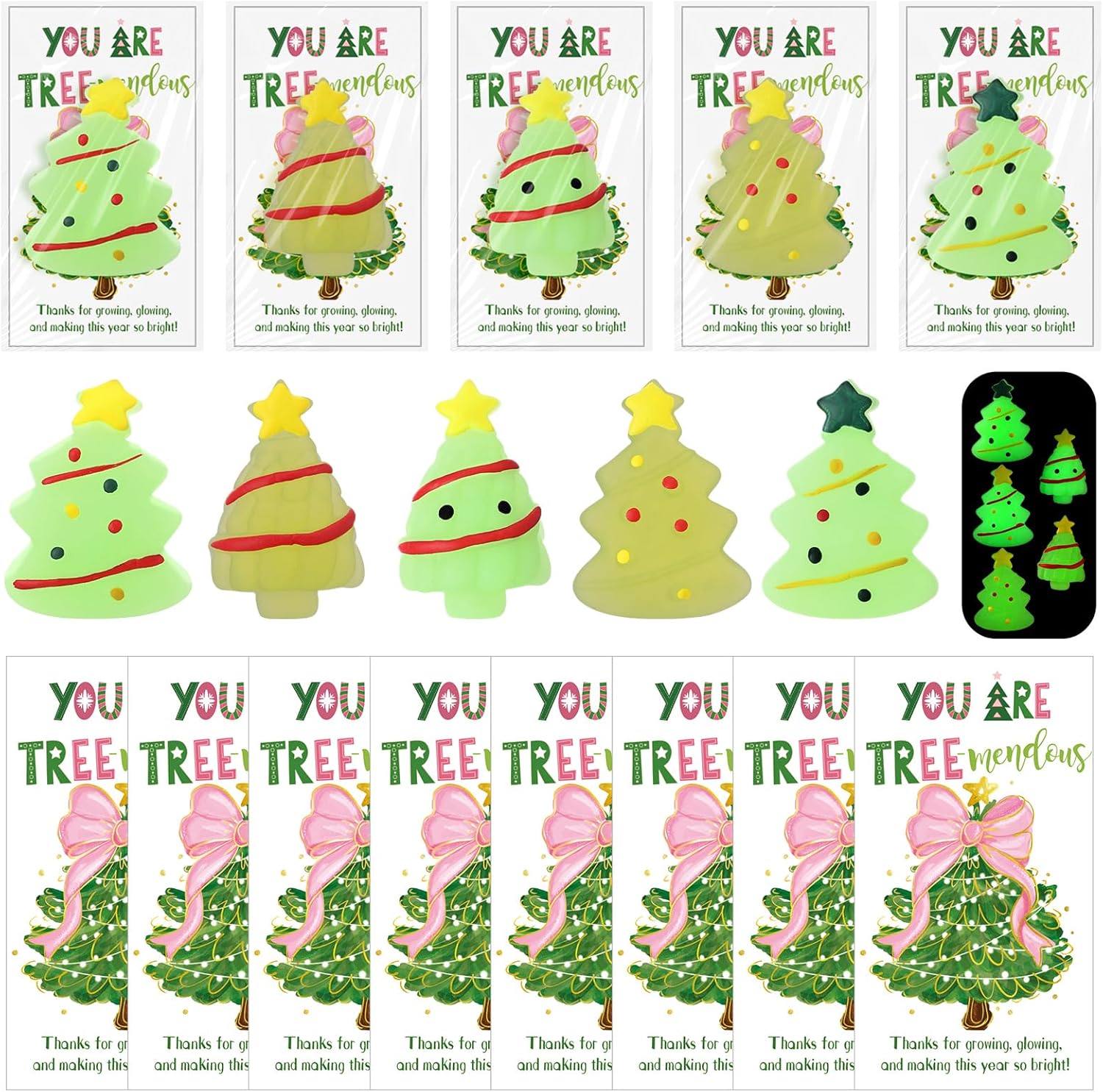 Wettarn 35 Sets Emotional Luminous Christmas Tree Stress Ball Gifts Bulk Office Christmas Appreciation Gift Cute Squeeze Mini Stress Relief Ball Inspirational Cards for Coworker Employee Nurse Teacher