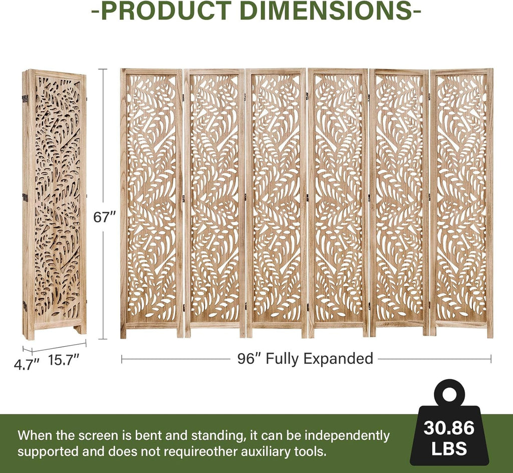 Leaf-Carved Room Divider Privacy Screen - 67 Inch Tall Foading Decorative Wood Screen Dividers Panel for Home - Natural Wood Room Partitions for Enhanced Privacy and Style Natural 6 Paned