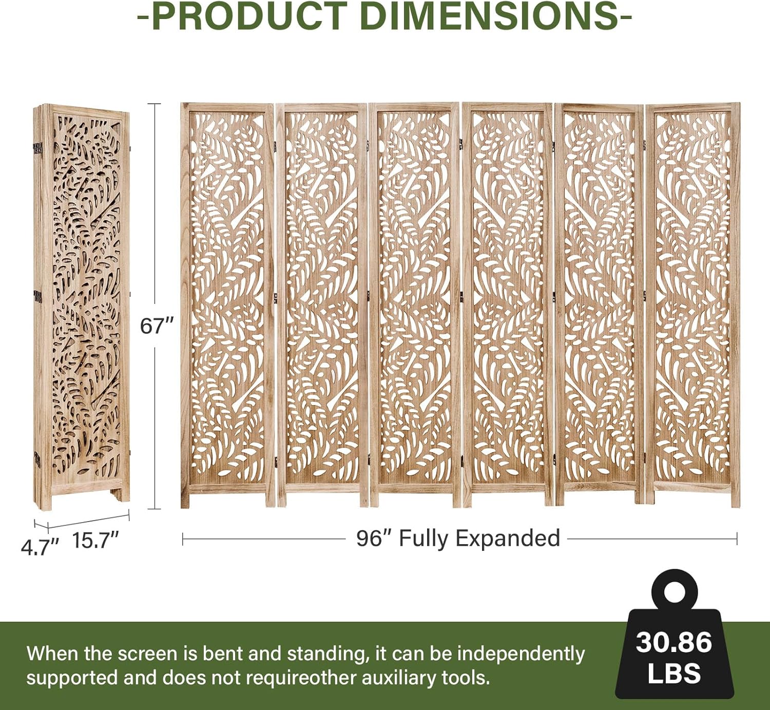 Leaf-Carved Room Divider Privacy Screen - 67 Inch Tall Foading Decorative Wood Screen Dividers Panel for Home - Natural Wood Room Partitions for Enhanced Privacy and Style Natural 6 Paned