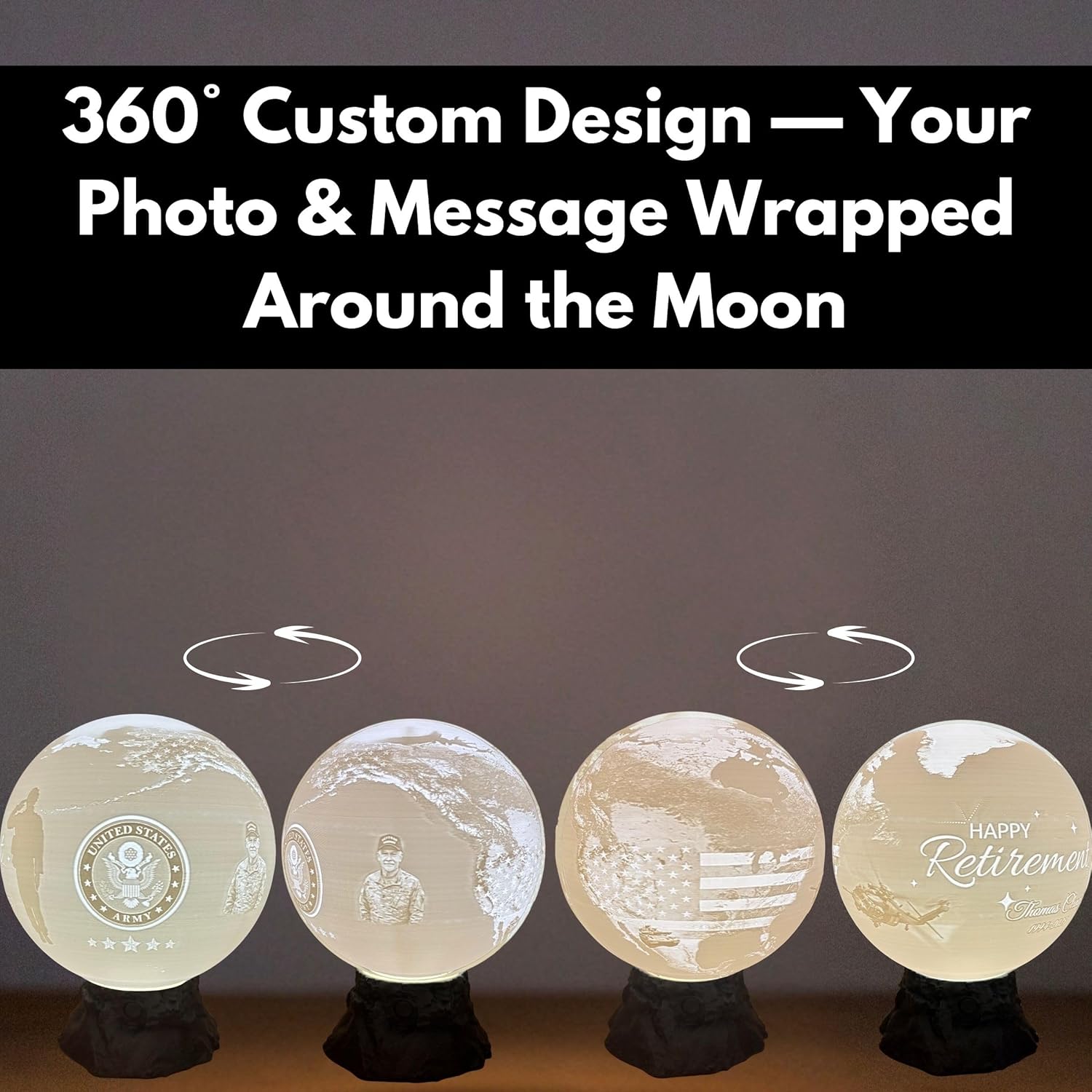 Personalized US Army Moon Lamp with Custom Text & Photo – Military Night Light for Soldiers, Veterans, Deployment Homecoming & Army Families | Army Decor, Military Retirement Gift