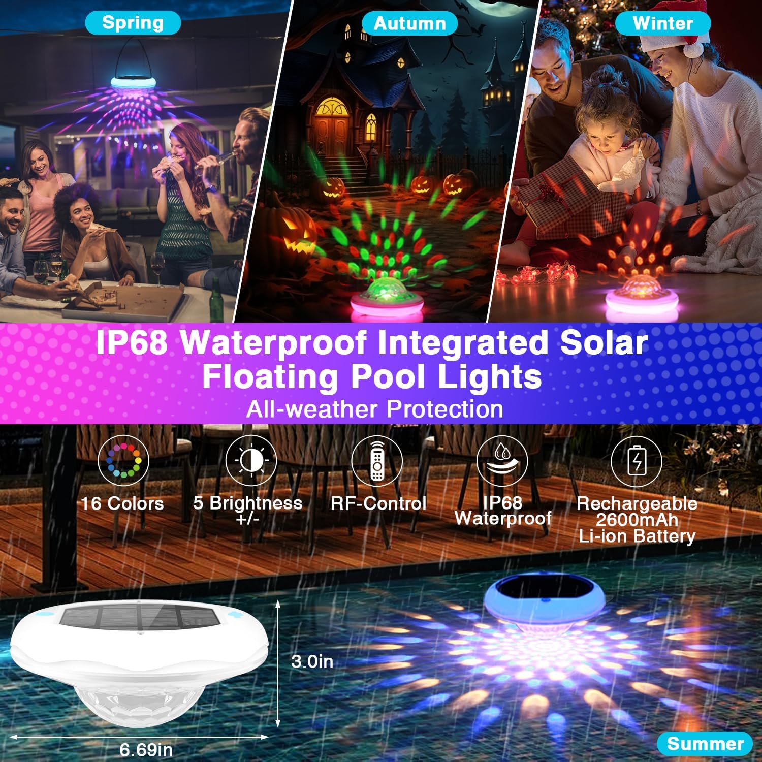 Solar Floating Pool Lights, Rechargeable Pool Lights That Float with Remote, 6.7'' 2600mAh IP68 Waterproof Floating Light 13 Colors Upper and Lower Glow Solar Light for Pools 2 Pack