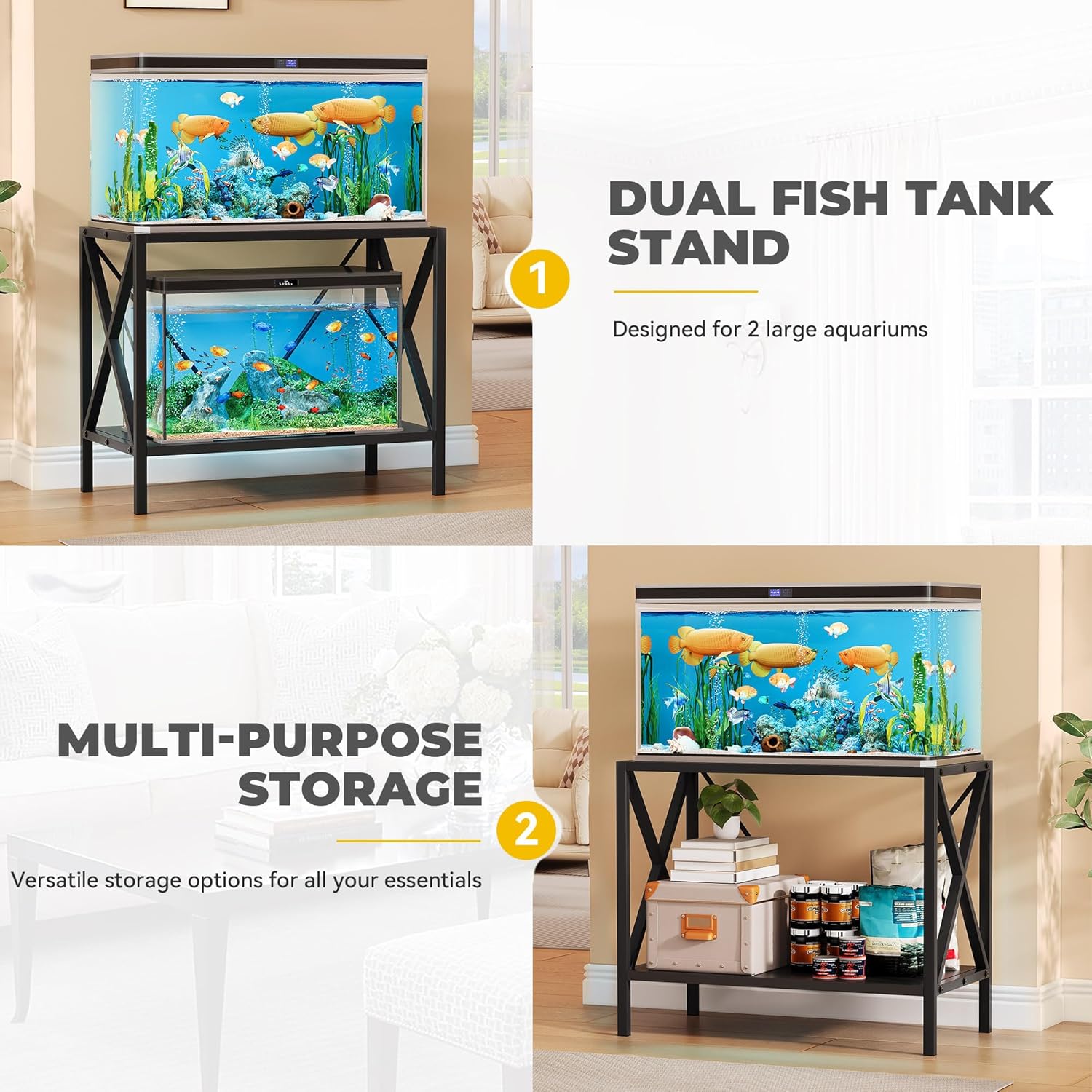 DWVO 10-40 Gallon Fish Tank Stand, Aquarium Stand with 2-Tier Storage Shelf, Heavy Duty Reptile Breeder Turtle Tank Terrarium Rack Table for Home Office, Black, X-Shape