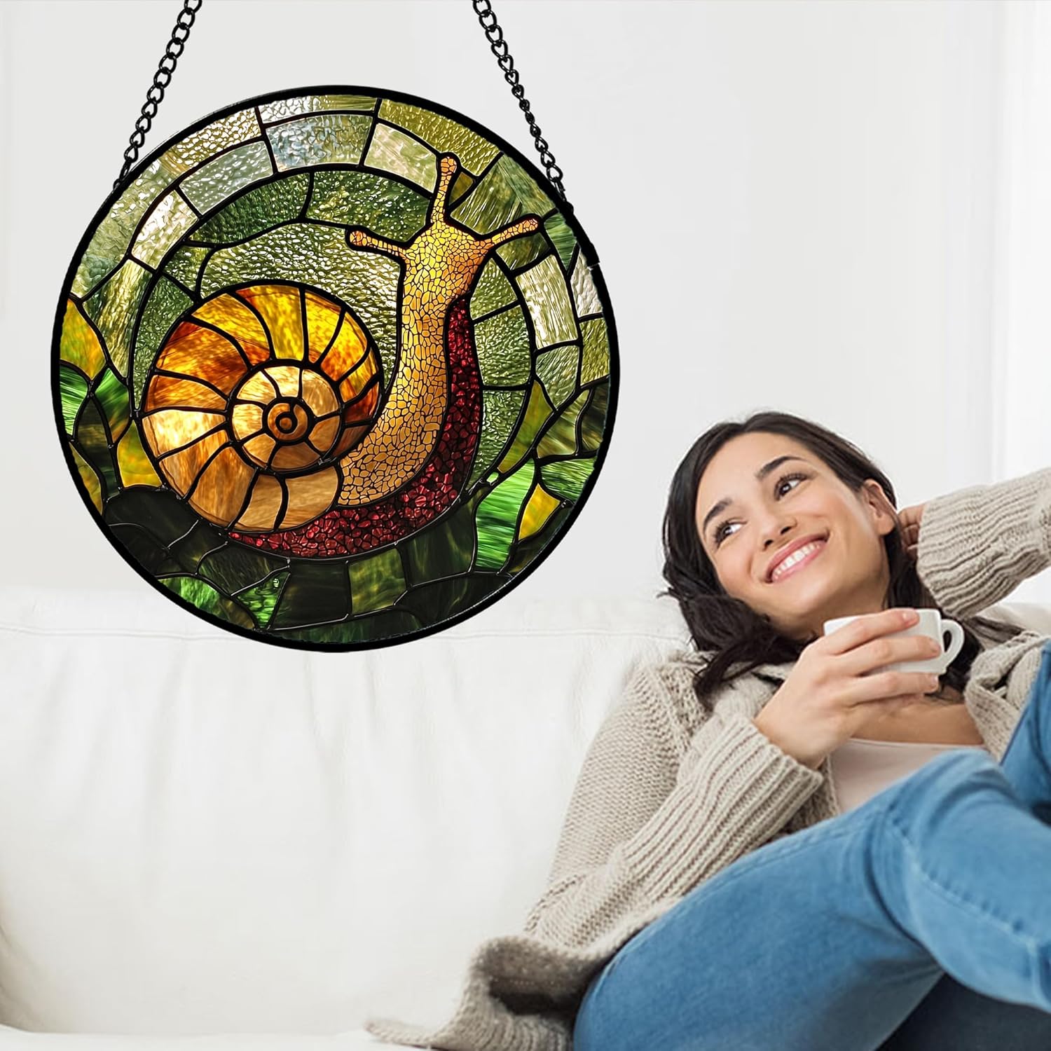 Stained Glass Window Hanging, Green Orange Snail Sun Catcher for Door Home Decor Suncatcher Christmas Mother's Day Birthday Gifts for Women Men Mom and Nana 9.8 in