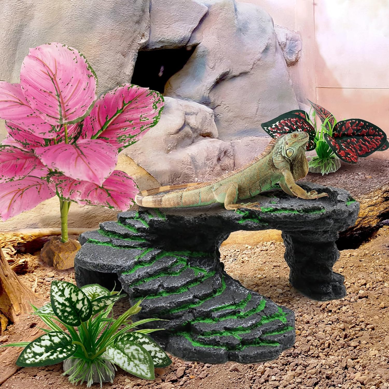 Reptile Artificial Plants, Terrarium Plants Decorations Supplies, Aquarium Fish Tank Plants, Amphibian Habitat Hideout Tank Accessories(L Set-3pcs/F)