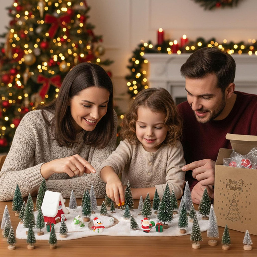 LOVEINUSA 48PCS Mini Bottle Brush Trees and Resin Miniatures for Tabletop Decor - Winter Ornaments and DIY Crafts