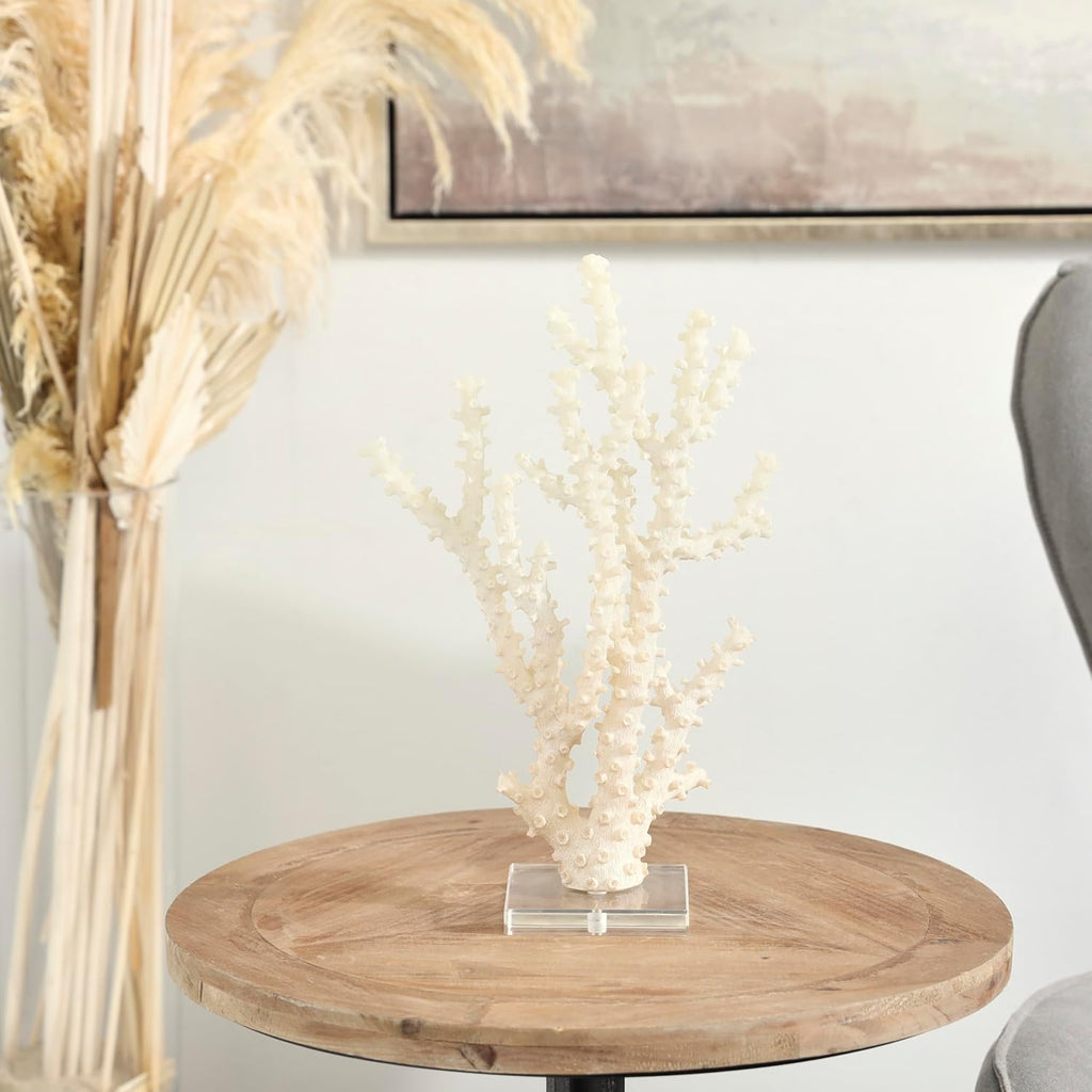 Deco 79 Polystone Coral Decorative Sculpture Home Decor Statue with Clear Acrylic Base, Accent Figurine 9" x 4" x 14", Cream