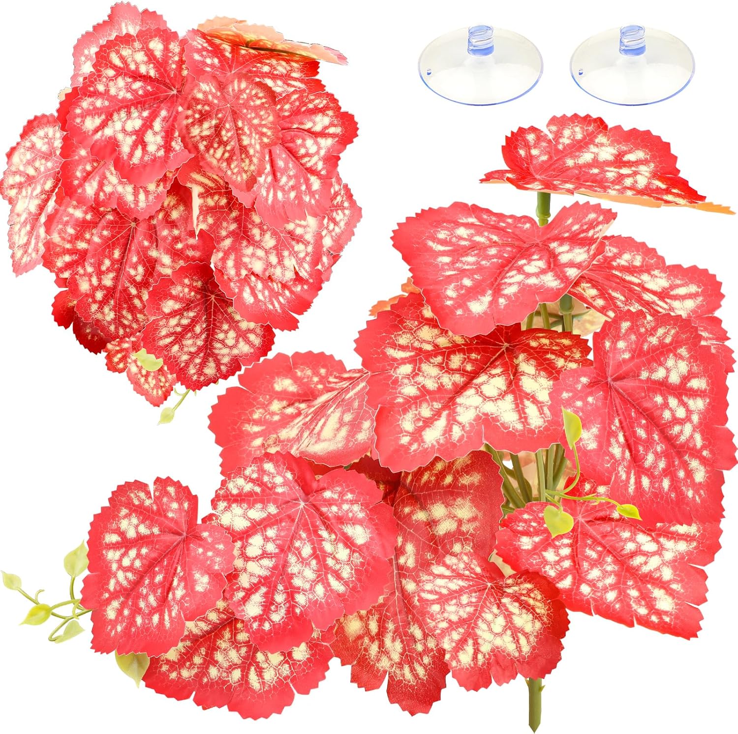 2 Pack Reptile Plants for Terrarium, Artificial Leaves Habitat Decorations with Suction Cups, Terrarium Hanging Plants Vines for Bearded Dragons Lizards Snake Geckos Frogs - Red