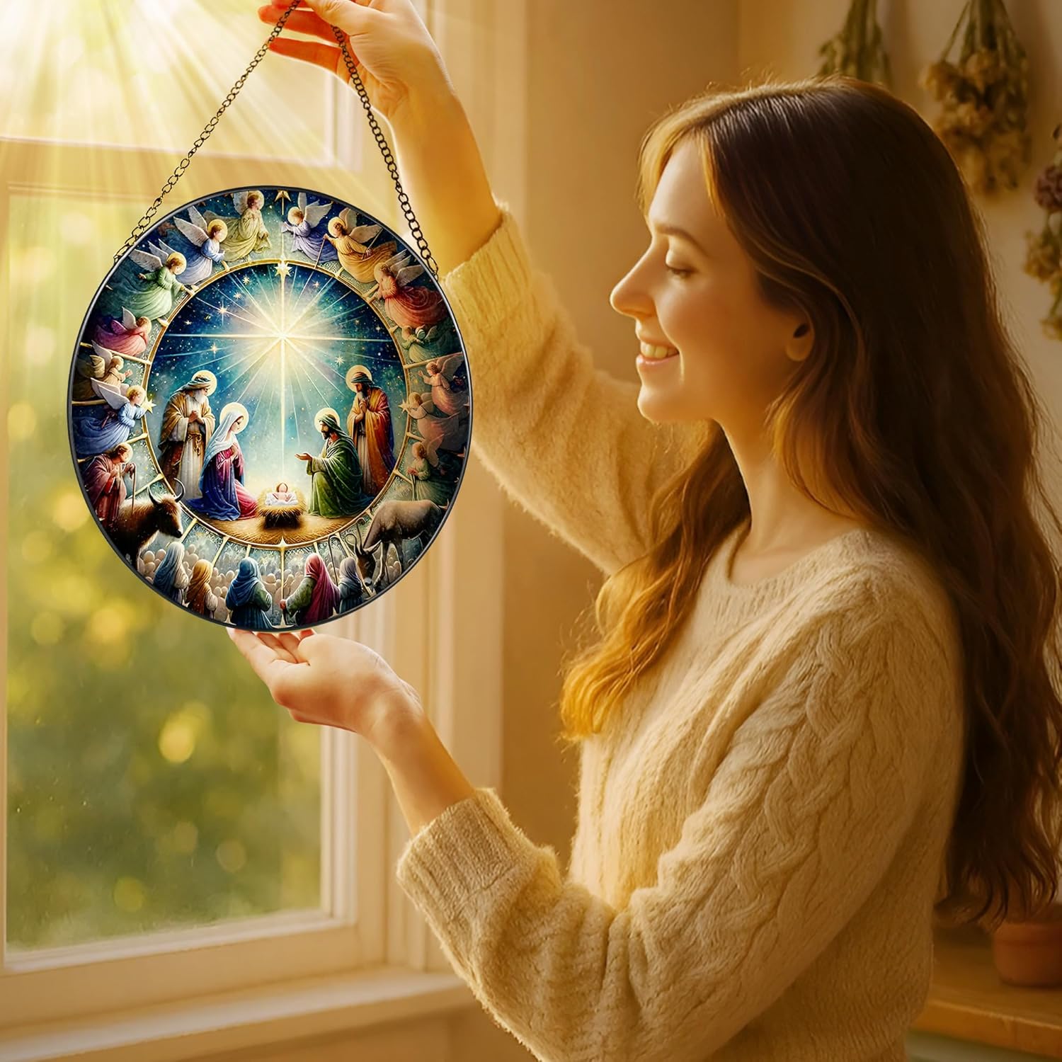 Stained Glass Window Hanging, LAOWEIKI 8'' Nativity Scene Suncatcher, Stained Glass Ornament, Window Decor, Outdoor or Indoor, Christian Gifts, Religious Gifts for Women