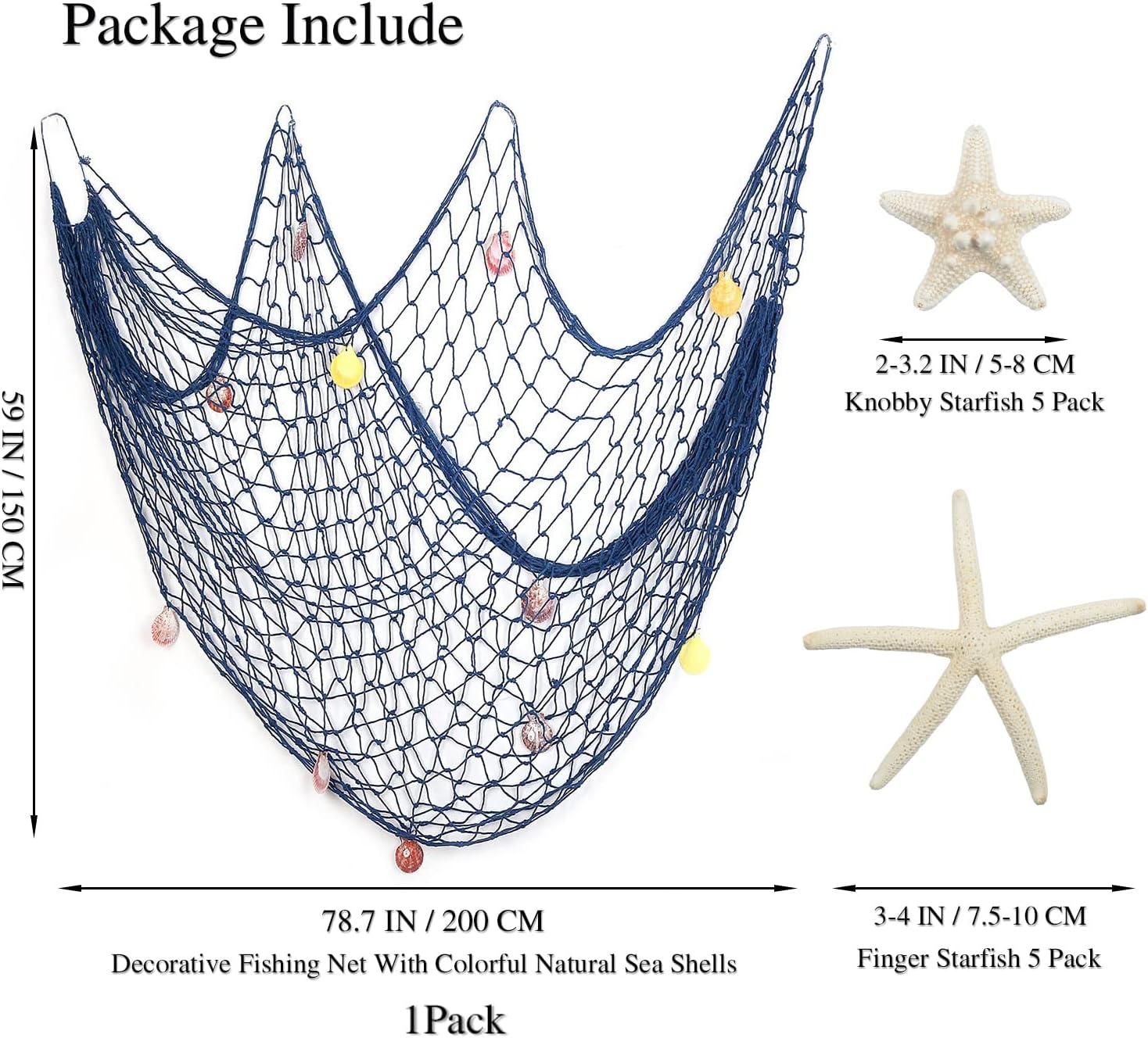 79 x 59 inch Nature Fish Net Wall Decoration with Colorful Sea Shells and 10 Pcs Natural Starfish Ocean Themed Mediterranean Style Fishing Net for Beach Party,Wedding,photography Wall Decoration