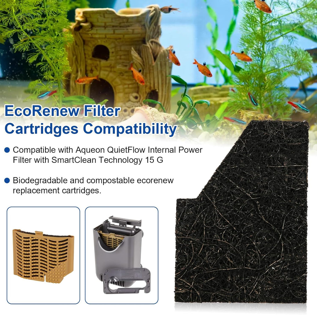 Small Aquarium EcoRenew Filter Cartridges for Aqueon QuietFlow Internal Power Filter with SmartClean Technology 15 Gallon, Replacement Fish Tank Filter Cartridge for Saltwater and Freshwater, 4 Pack