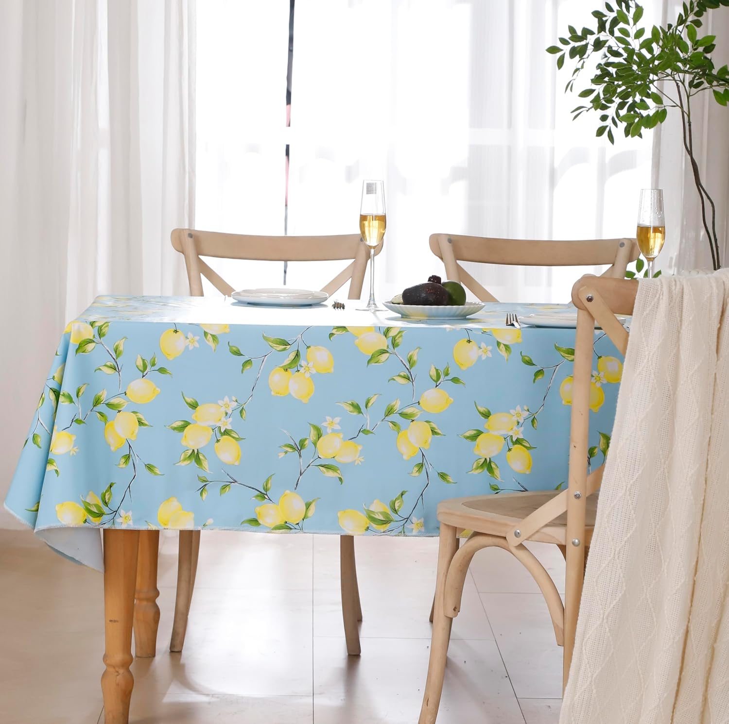 Walrus Heavy Duty Vinyl Tablecloth with Flannel Backing Waterproof Oil-Proof Plastic Table Cloth Stain-Resistant Wipeable Rectangle or Square Table Cover for Indoor and Outdoor (Lemon, 52x70 Inch)