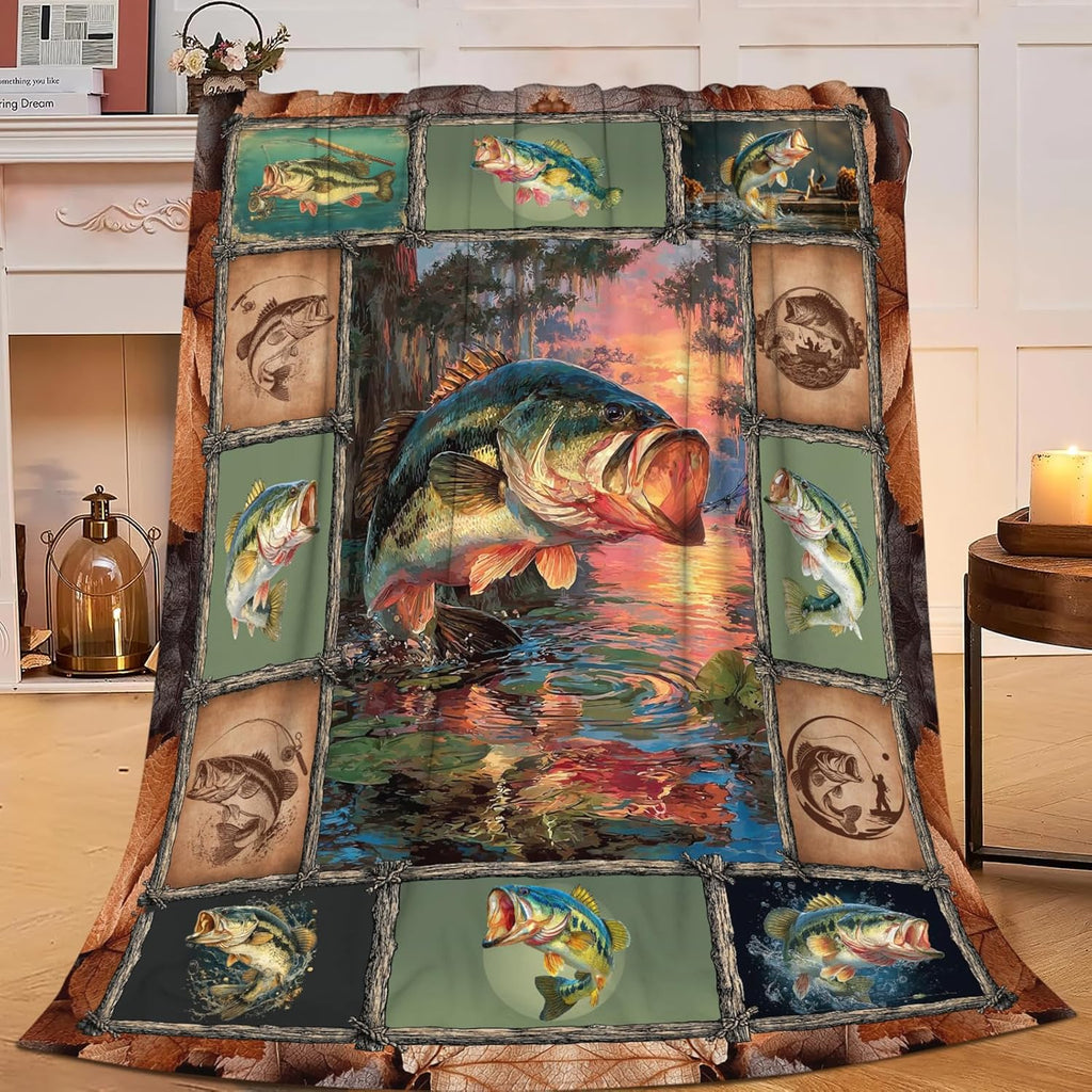 Fish Throw Blanket Fishing Stuff Gifts for Kids Girls Boys Adults Women Men Soft Cozy Warm Plush Fluffy Fuzzy Fleece Blanket Decor 60''X80''