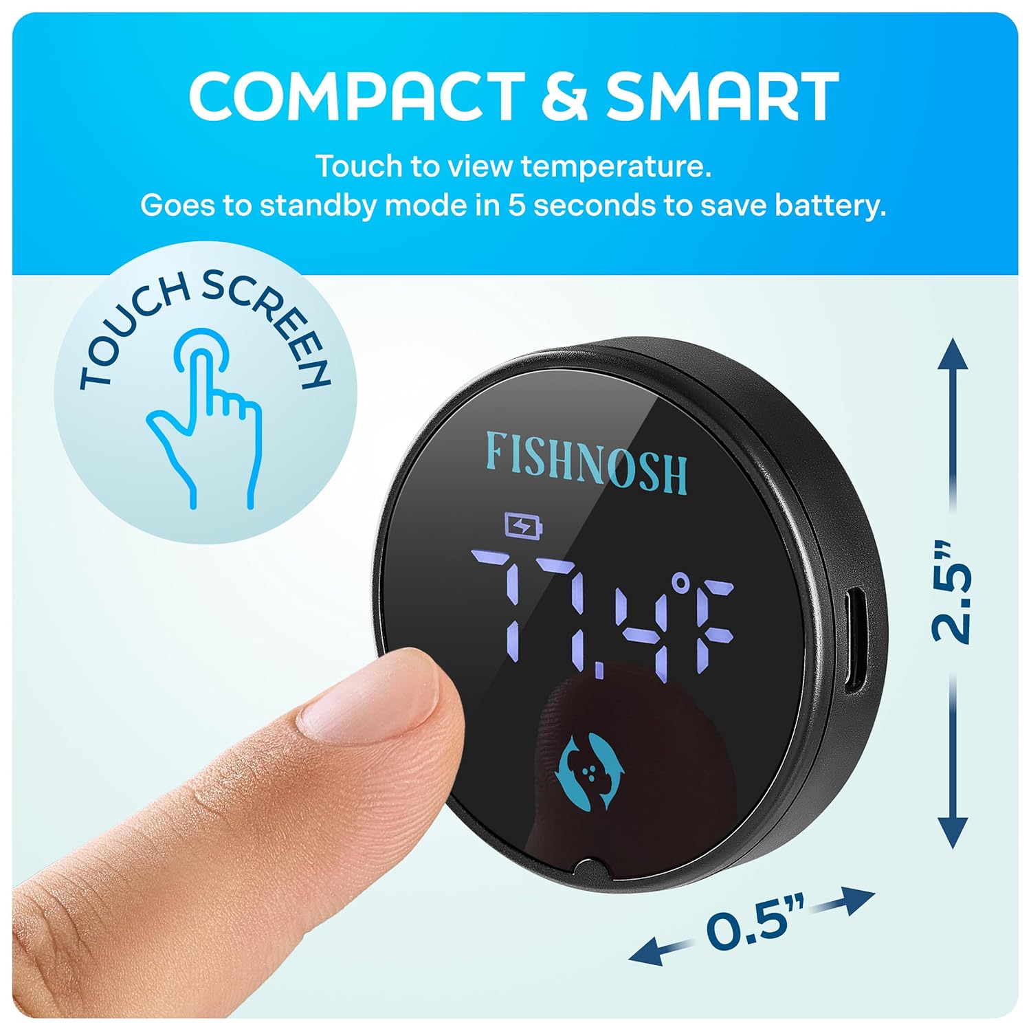 FISHNOSH Aquarium Thermometer | Rechargeable USB Type-C Fish Tank Thermometer w/Glowing Digits, Battery Indicator, Smart Sensor Positioning | 2.5” x 0.5” Fish Tank Temperature Gauge w/Charging Cable