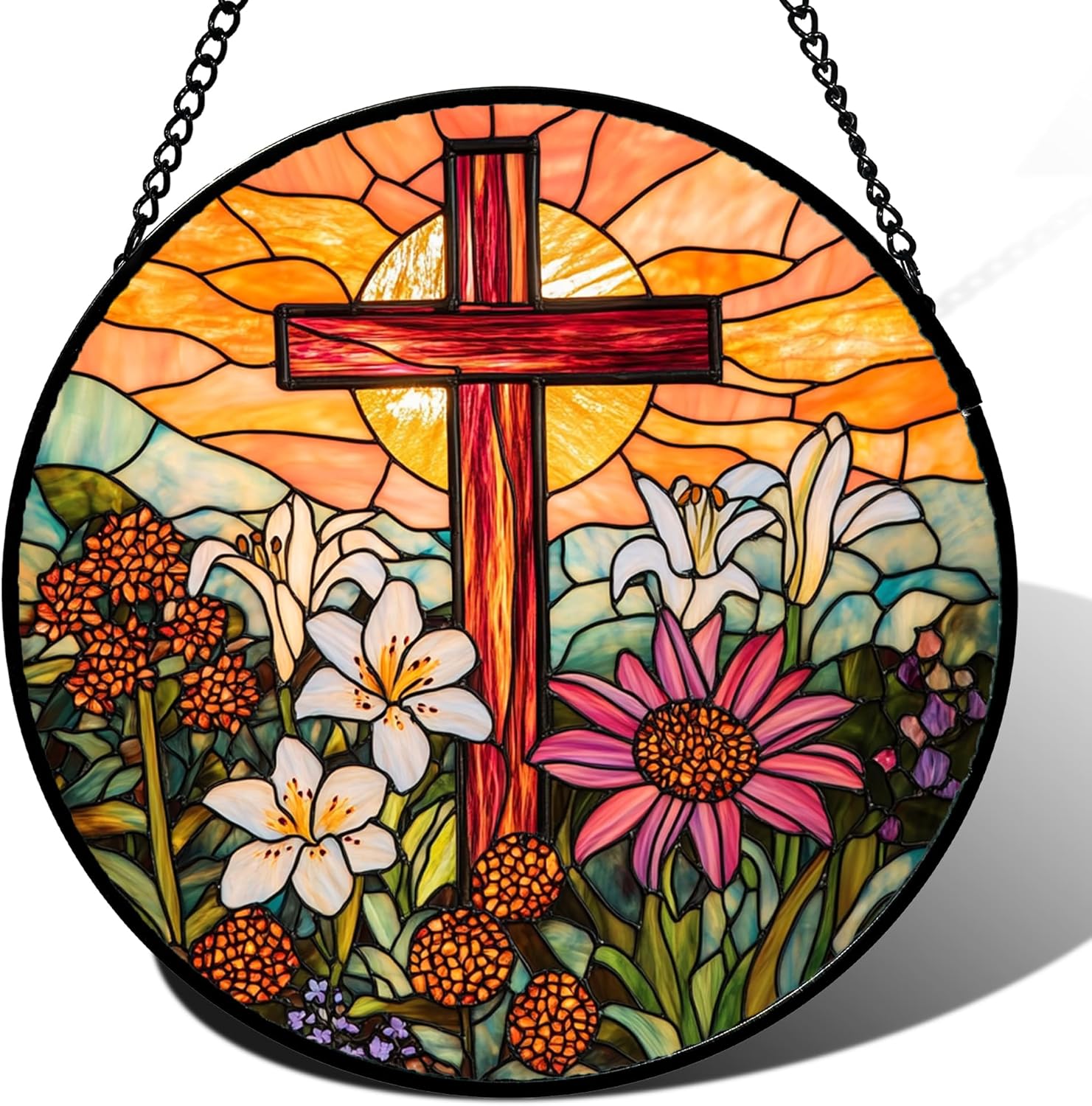Christian Gifts for Women - Cross Stained Glass Window Hanging Easter Flower Sunset Landscape Sun Catcher Garden Religion Decor Mother's Day Catholic Gift for Men Grandma Mom Her Nana 11.8"