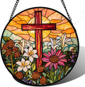 Christian Gifts for Women - Cross Stained Glass Window Hanging Easter Flower Sunset Landscape Sun Catcher Garden Religion Decor Mother's Day Catholic Gift for Men Grandma Mom Her Nana 15"