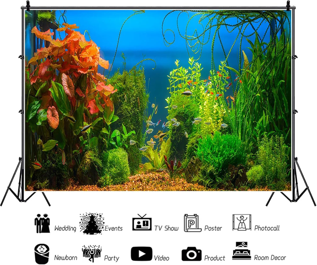 AOFOTO 5x3ft Aquarium Backdrop Decoration Blue Ocean Fish Deep Water Plants Seabed Scene Underwater Scene Background for Photography Kids Adults Birthday Party Events Photo Studio Props Vinyl