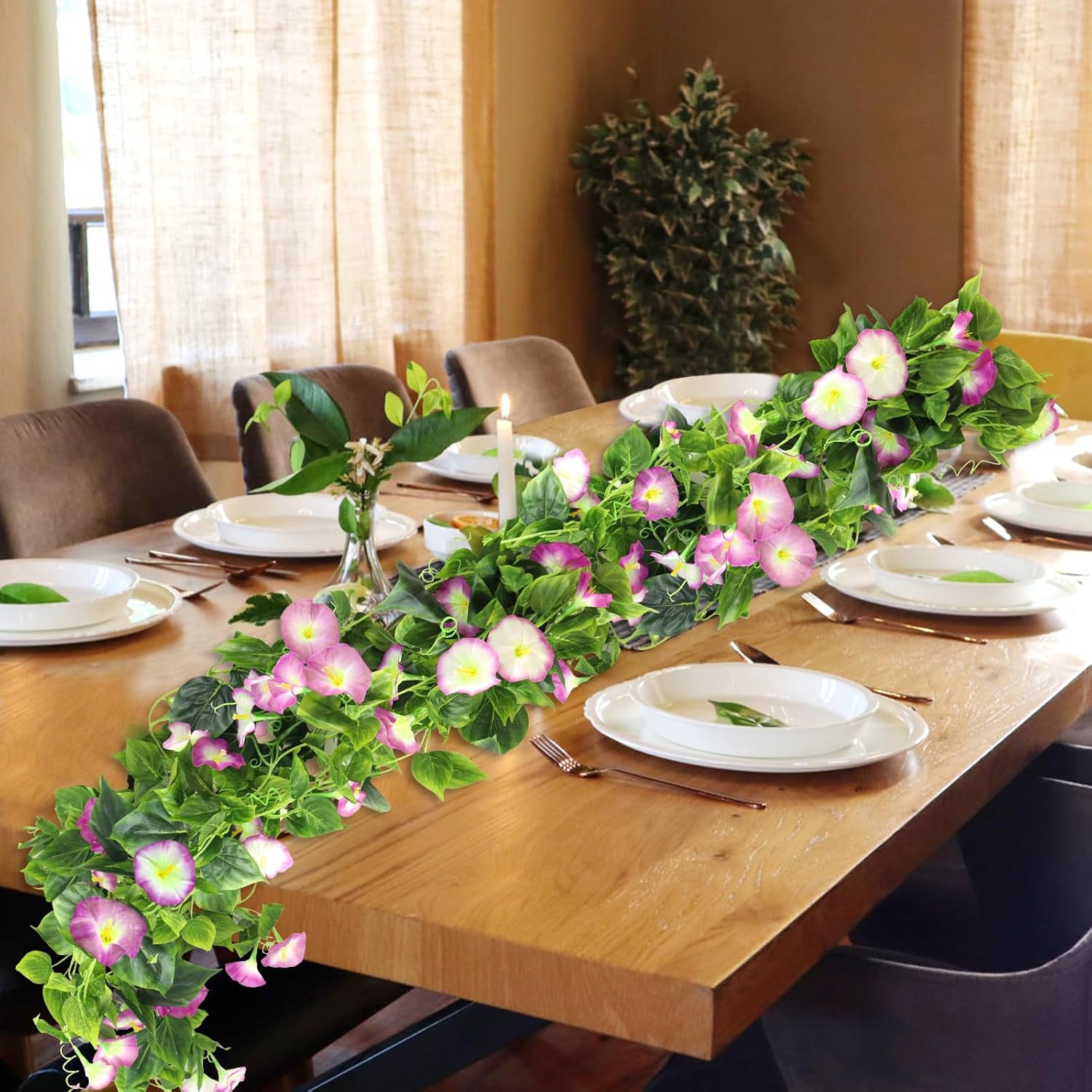 AirSun Artificial Morning Glory Flower Vines, 2pcs 15Feet Hanging Plants Silk Garland Fake Green Plant Home Garden Wall Fence Indoor Outdoor Wedding Birthday Decor