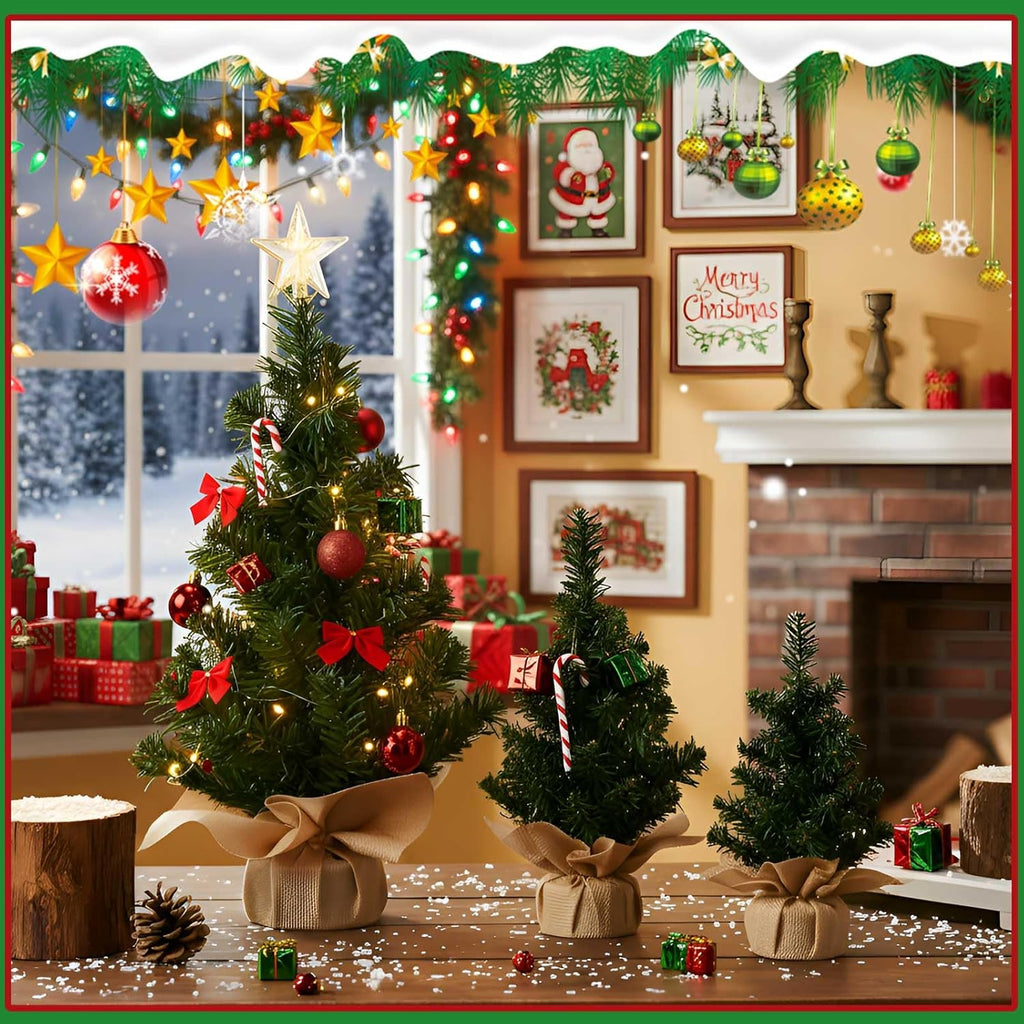 Libima 20 Pieces Tabletop Mini Christmas Tree 15.7" 11.8" 7.9" Artificial Green Xmas Pine Tree Christmas Decorations for Home Miniature Trees with Linen Base for Dining Kitchen Desk Home