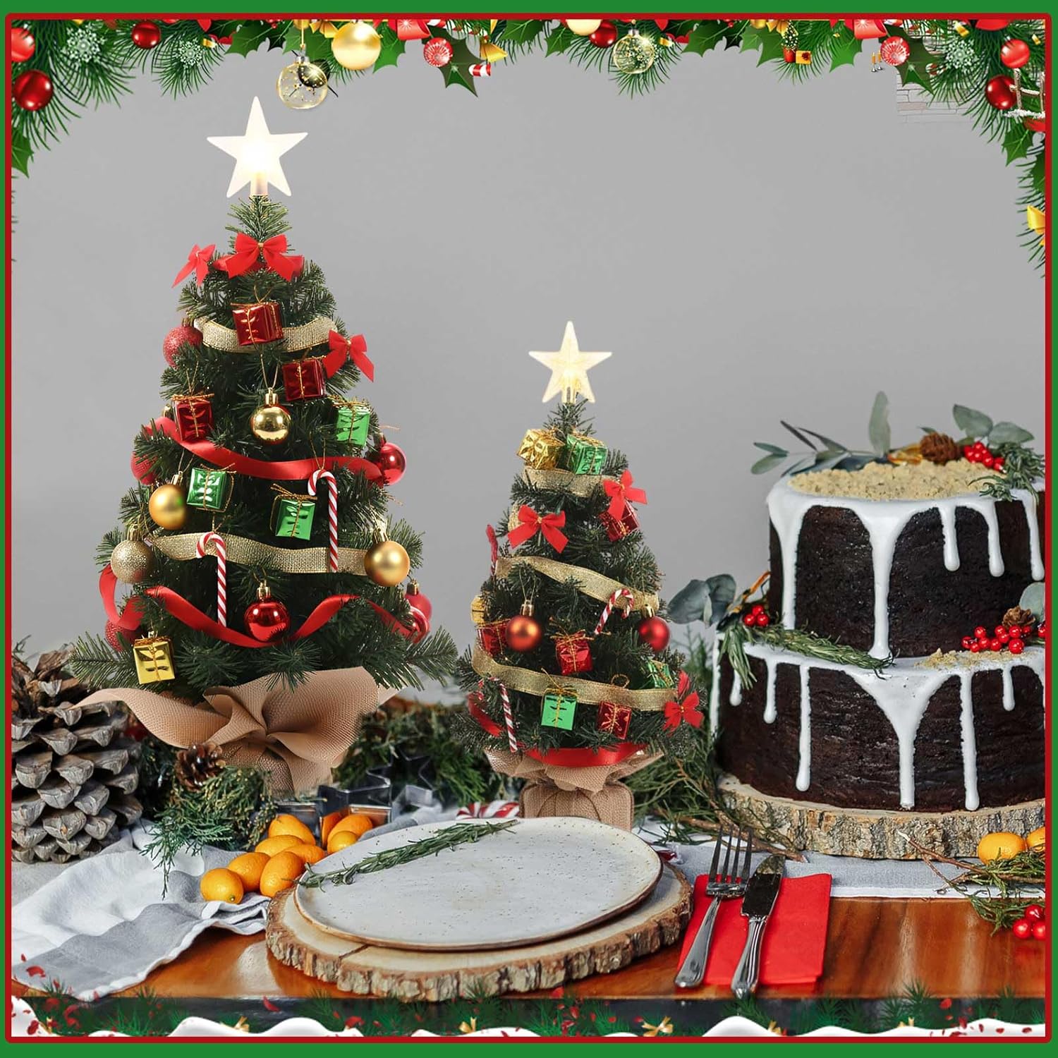Libima 5 Pieces Tabletop Mini Christmas Tree 15.7" 11.8" 7.9" Artificial Green Xmas Pine Tree Christmas Decorations for Home Miniature Trees with Linen Base for Dining Kitchen Desk Home