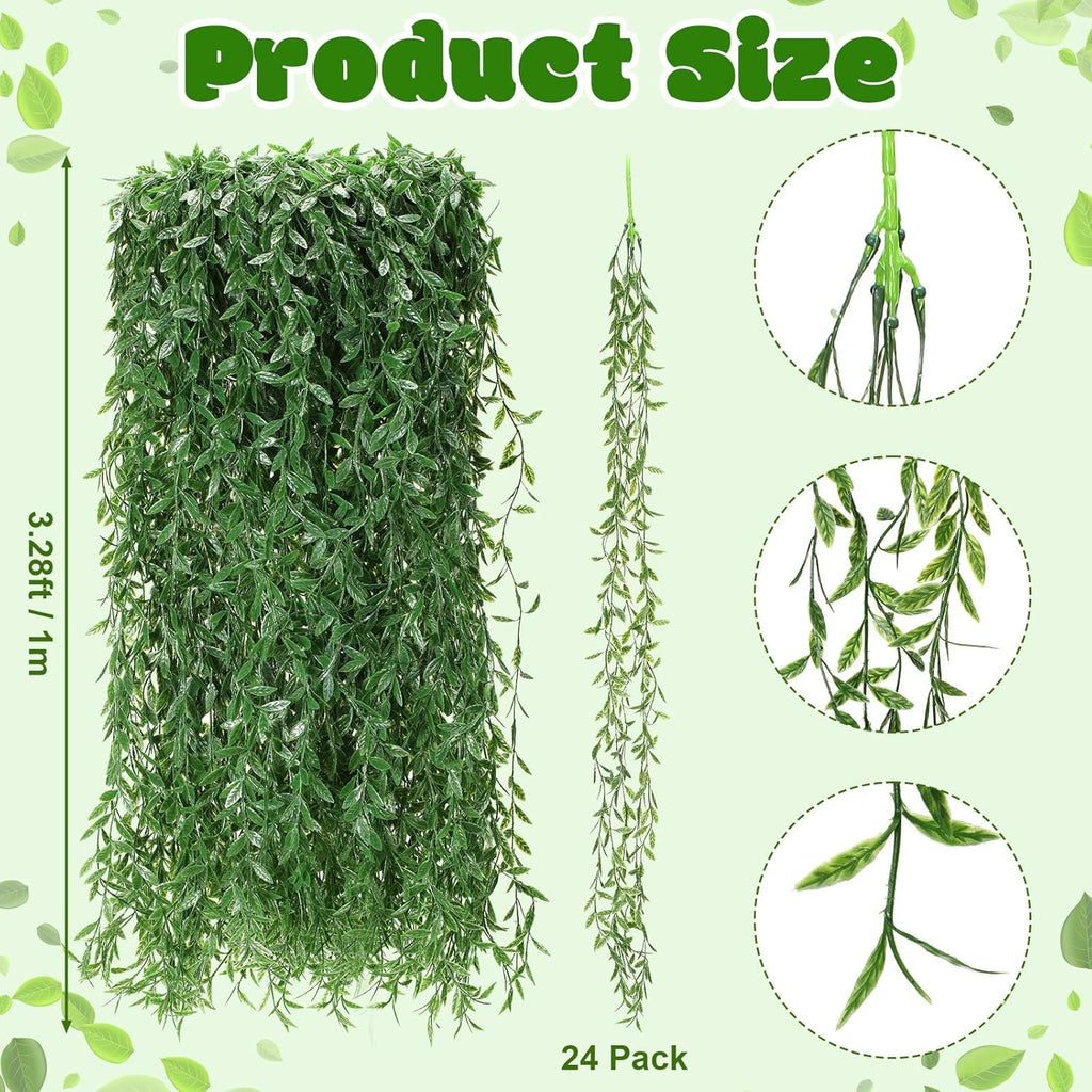 Riceshoot 24 Pcs Artificial Hanging Vines Fake Weeping Willow Leaves Decor Fake Seaweed Artificial Vines Greenery Garland for Wedding Party Backdrop Wall Decor Garden Patio Backyard (Dark Green)