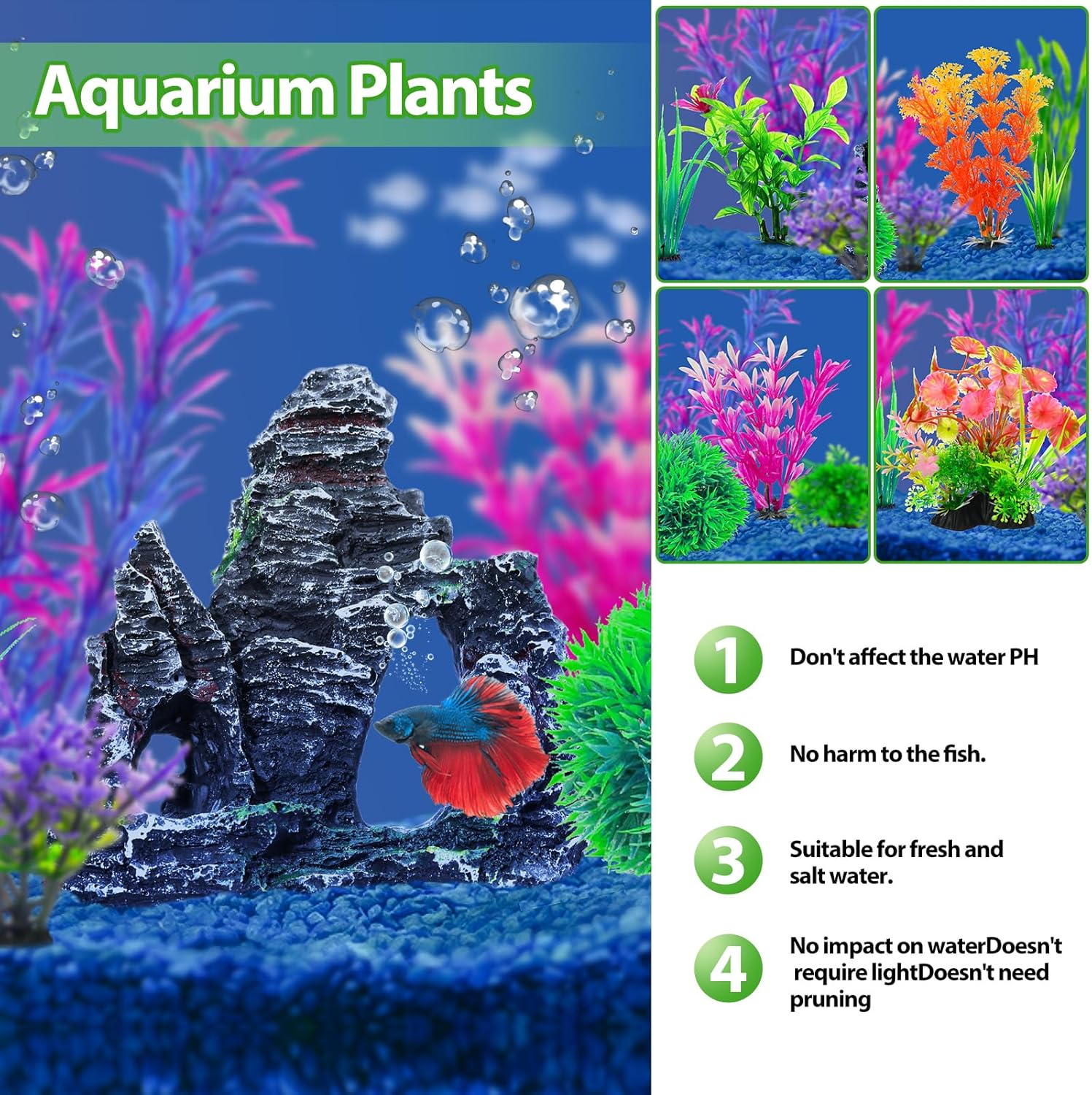 CousDUoBe 16Pcs Aquarium Plants Cave Rock Decor Set& Fish Tank Artificial PlasticPlants,Fish Tank Accessories Small Large Aquarium Decorations Kit