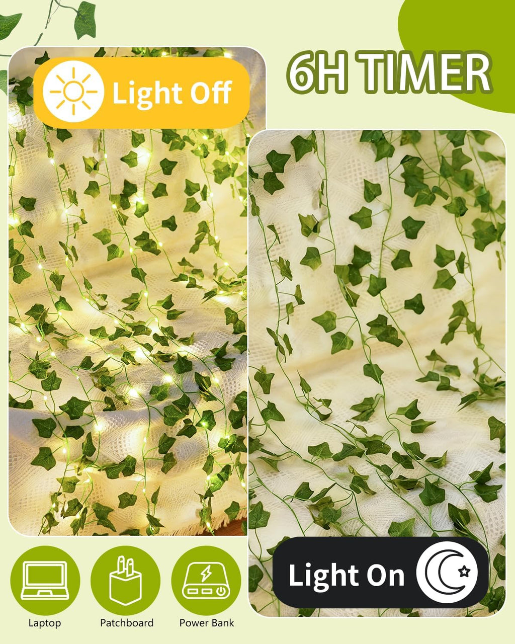 KASZOO Vines with Fairy Lights for Bedroom - 200 LED Ivy Curtain Wall Vines for Wedding, Party, Dorm, Indoor & Outdoor Use, 6.5ft x 6.5ft