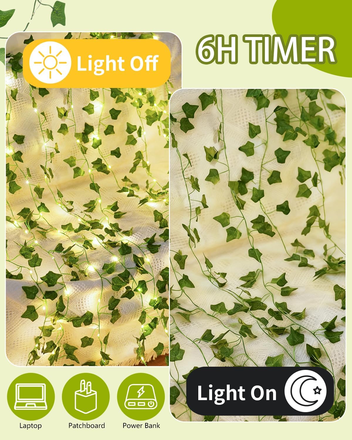 KASZOO Vines with Fairy Lights for Bedroom - 200 LED Ivy Curtain Wall Vines for Wedding, Party, Dorm, Indoor & Outdoor Use, 6.5ft x 6.5ft