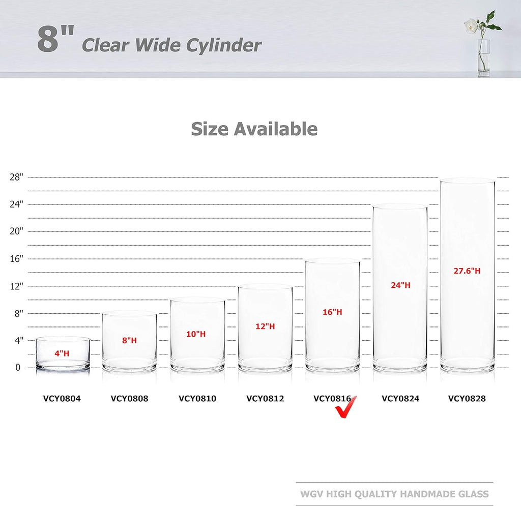 WGV Cylinder Vase, Width 8", Height 16", Clear Wide Large Diameter Flower Glassware, Floral Container, Planter Terrarium for Wedding Party Event, Home Accent Decor, 1 Piece