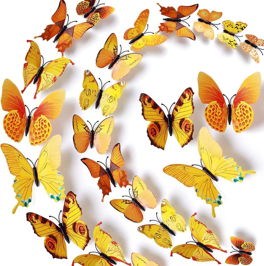 LiveGallery 72 PCS Yellow Removable 3D DIY Beautiful Butterfly Wall Decals Colorful Butterflies Art Decor Wall Stickers Murals for Kids Baby Boy Girls Bedroom Classroom Offices (Yellow)