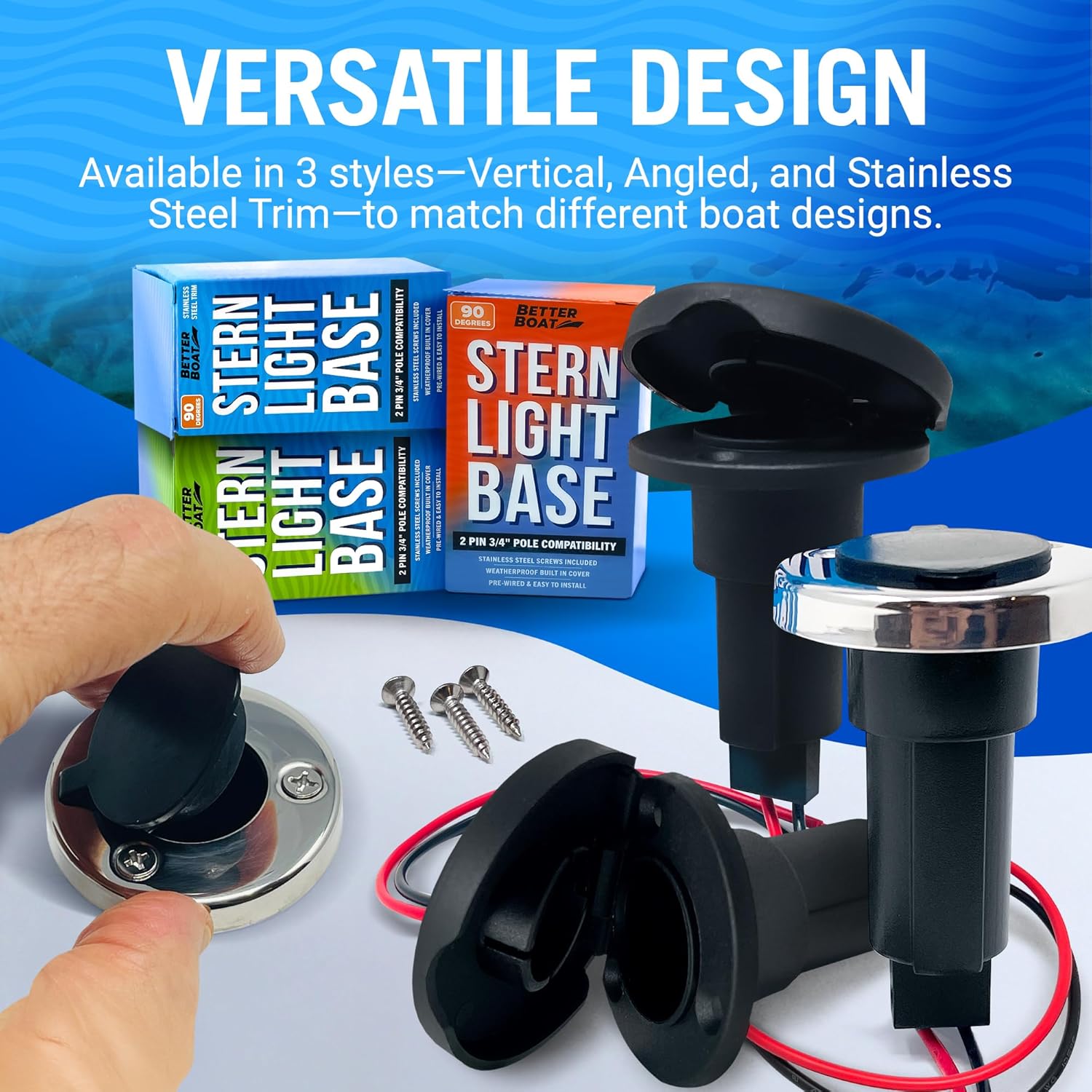 Boat Stern Light Base, Navigation and Anchor Light Base Socket, 2-Pin Plug for Stern Lights, Stainless Steel Trim, Vertical Slot Design for Boats